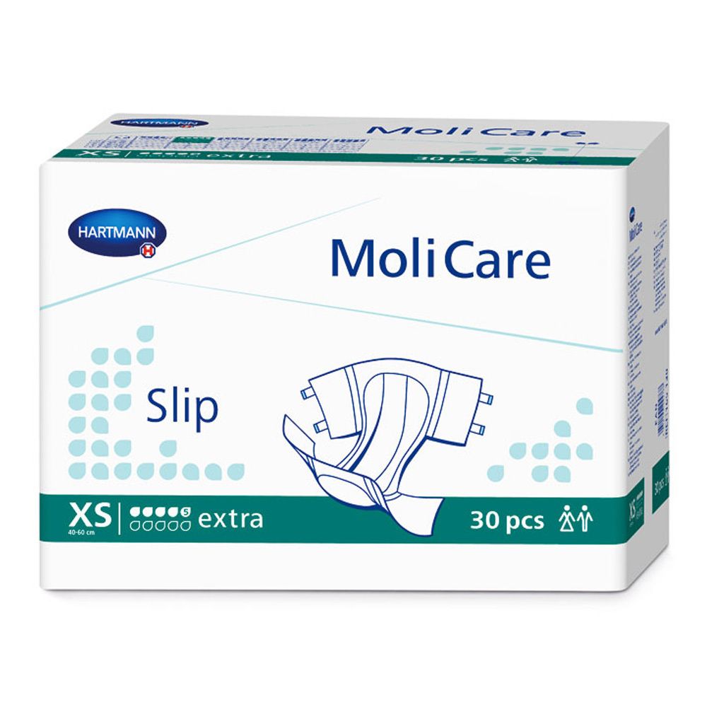 MoliCare Slip extra Gr. XS-Packung. Weiß mit blauem Logo und Produktabbildung. Enthält 30 Stück. Marke: Hartmann.