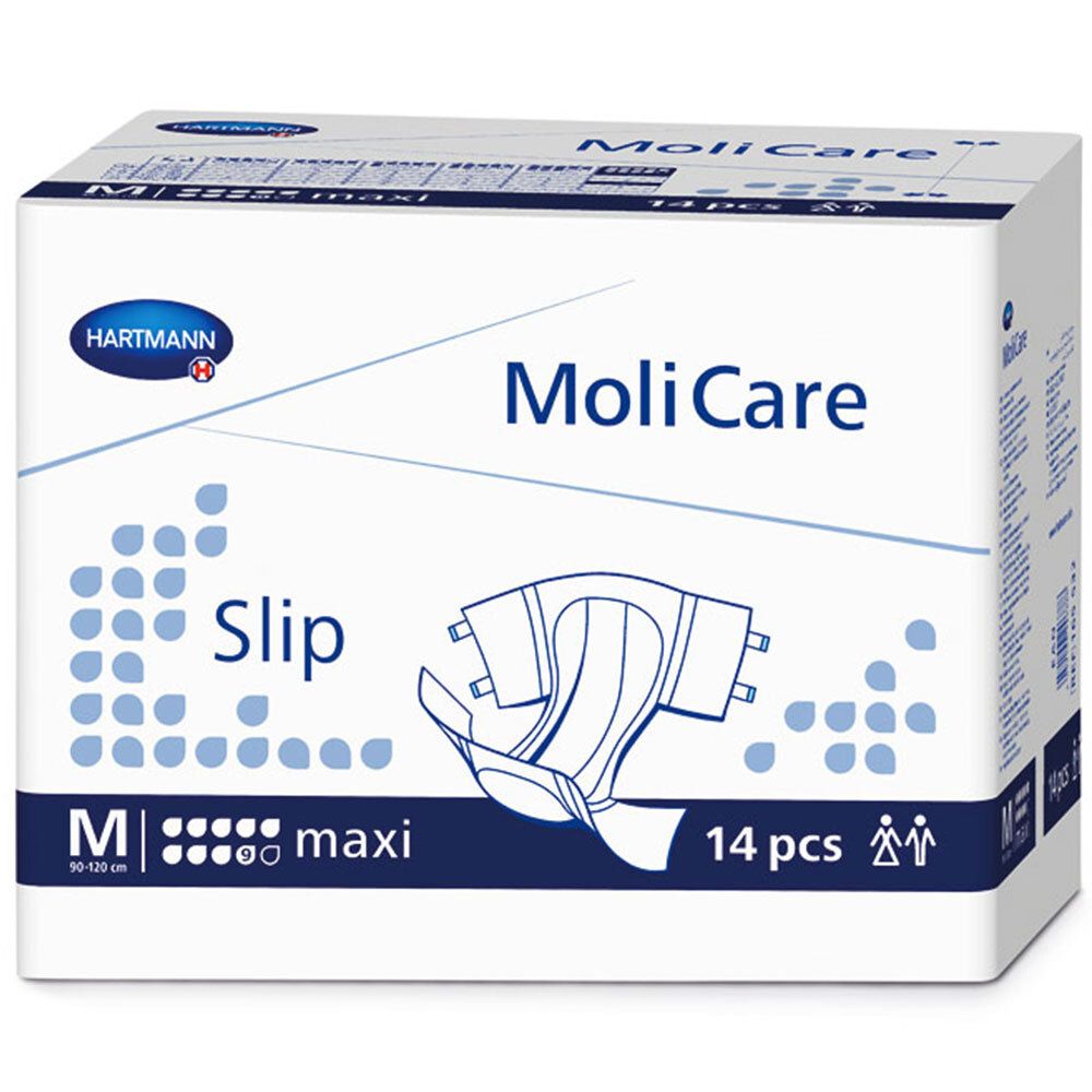 MoliCare Slip maxi Gr. M in Verpackung. Hartmann-Logo. 14 Stück. Größe M: 90-120 cm. Produktabbildung.