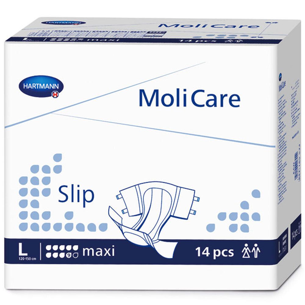 MoliCare Slip maxi Gr. L, Packung. Hartmann Logo. 14 Stück. Größe L: 120-150 cm. Produktabbildung.