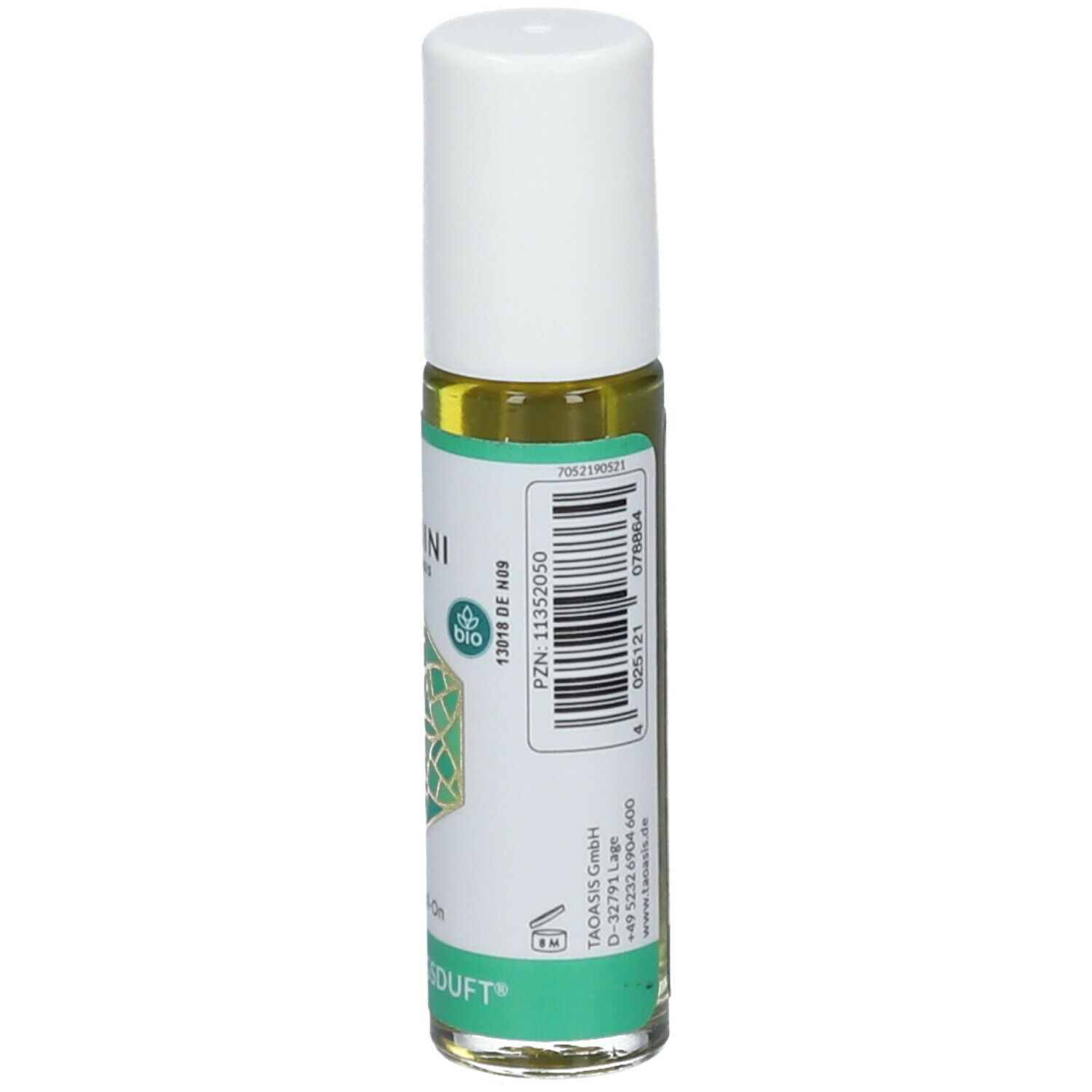 Roll-on-Flasche mit weißem Deckel. Aufschrift: BALDINI by TAOASIS, Erkältungsduft. Barcode und weitere Informationen.