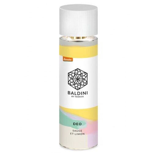 Deo-Sprayflasche mit weißem Deckel. Aufschrift: BALDINI by TAOASIS, DEO, Sauge et Limon. Gelb, rosa, blau und weißer Hintergrund.