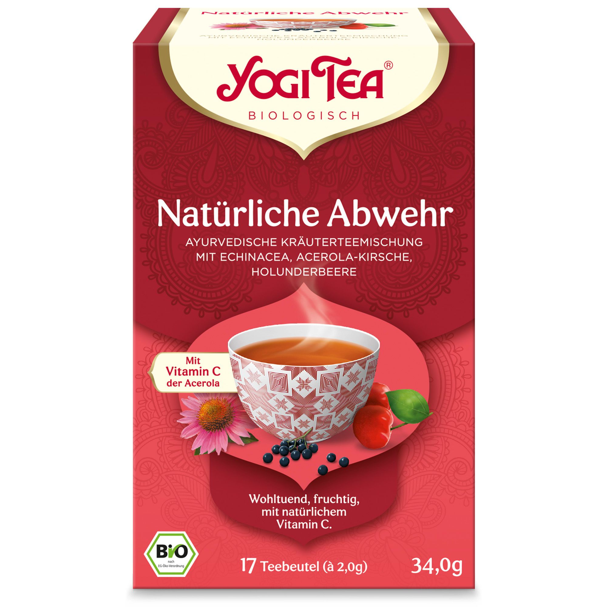 Yogi Tea Natürliche Abwehr. Kräuterteemischung mit Echinacea, Acerola-Kirsche, Holunderbeere. 17 Teebeutel.