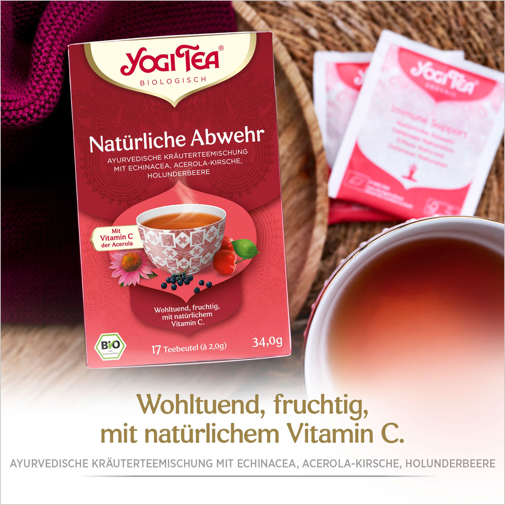 Yogi Tea Natürliche Abwehr. Kräuterteemischung mit Echinacea, Acerola-Kirsche, Holunderbeere. 17 Teebeutel.
