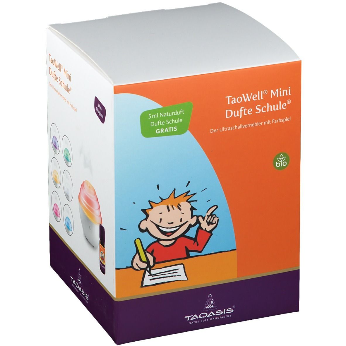Verpackung von TaoWell Mini Duftschule. Aufdruck: Junge zeichnet, 5ml Naturduft gratis. Bio-Siegel.