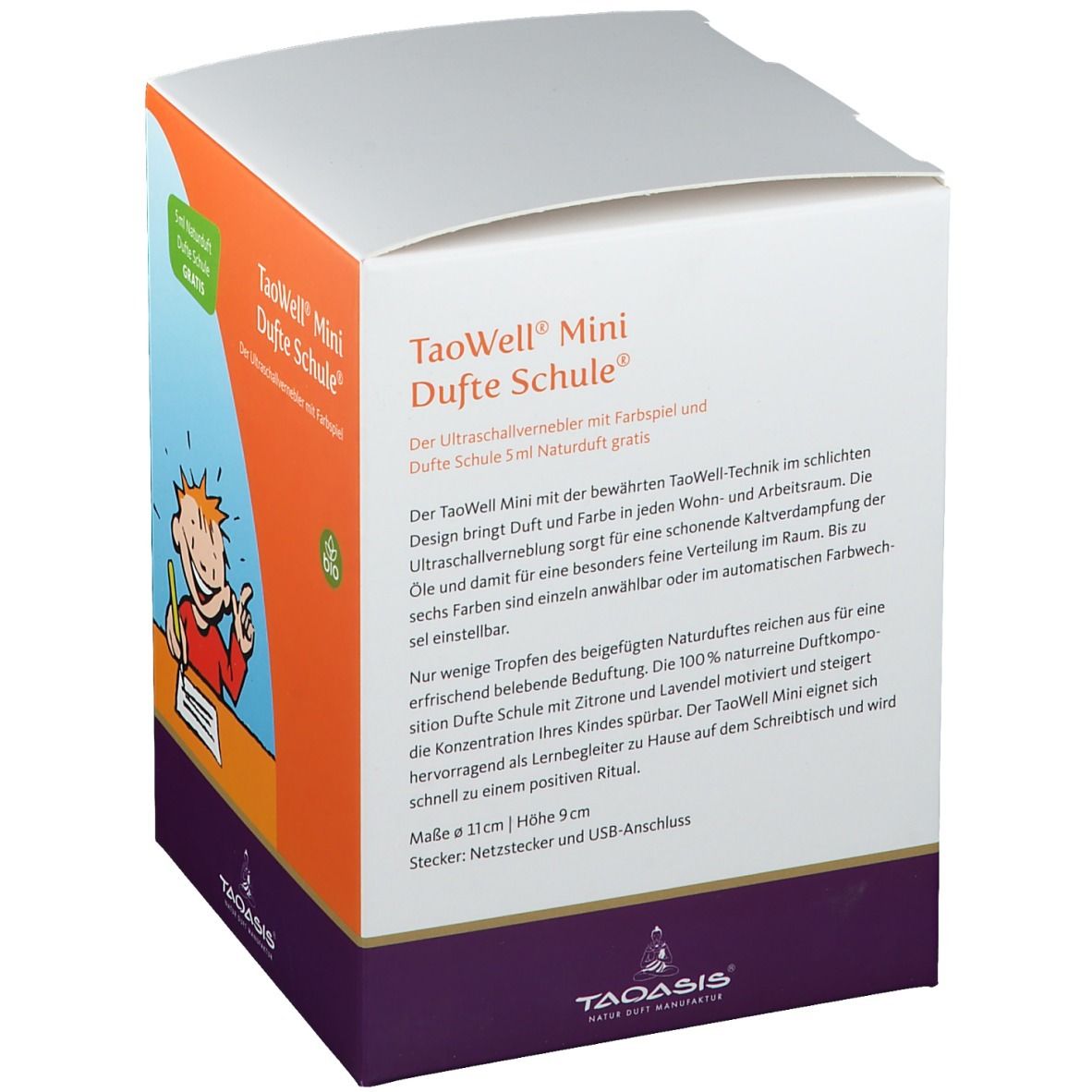 Verpackung TaoWell Mini Duftschule. Text: Ultraschallvernebler mit Farbspiel. Maße: 11cm x 9cm. Stecker: Netzteil und USB-Anschluss.