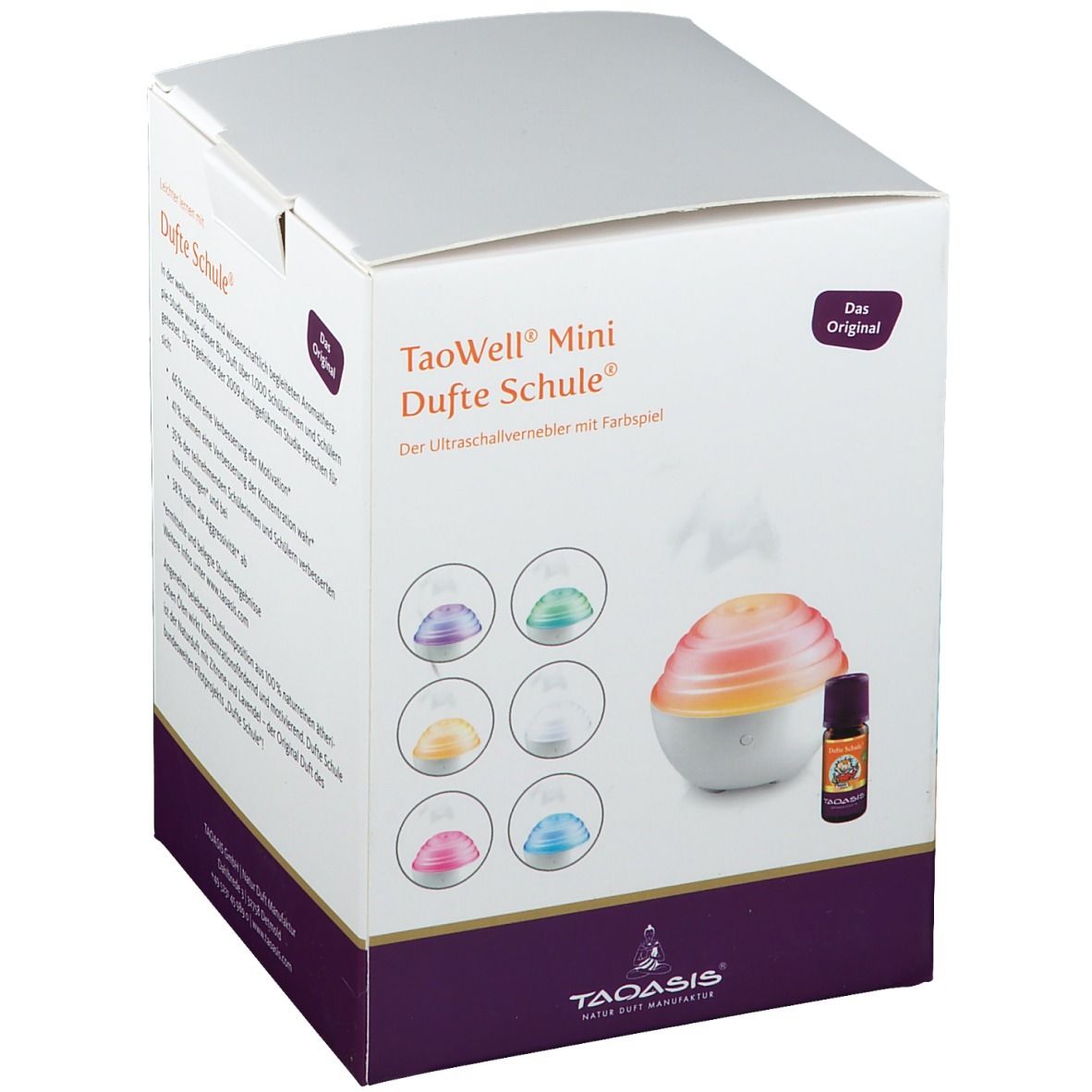 Verpackung TaoWell Mini Duftschule. Produktabbildung: Vernebler, Ölflasche. Text: Ultraschallvernebler mit Farbspiel.