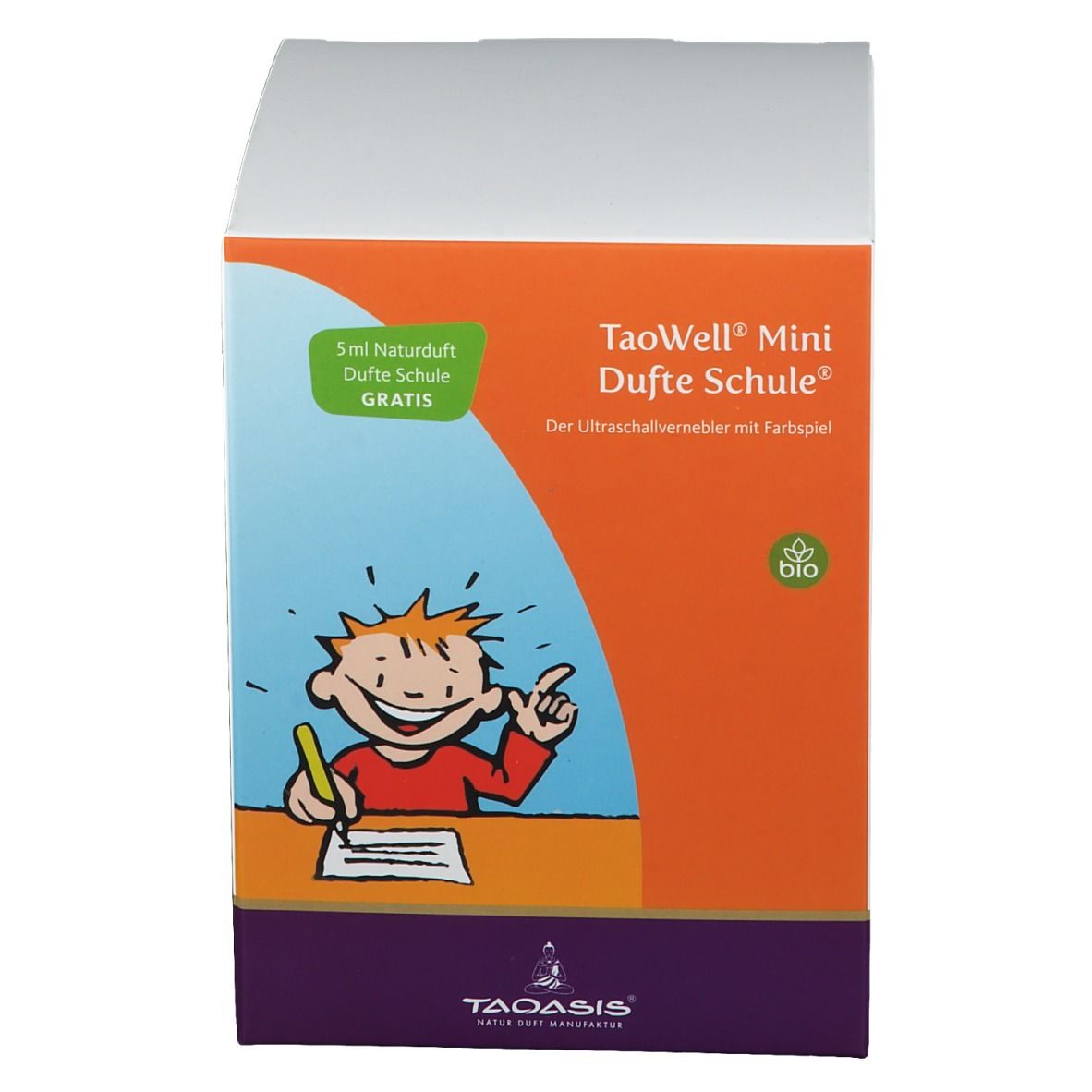 Verpackung TaoWell Mini Duftschule. Illustration: Junge zeichnet. Text: 5ml Naturduft gratis. Bio-Siegel.