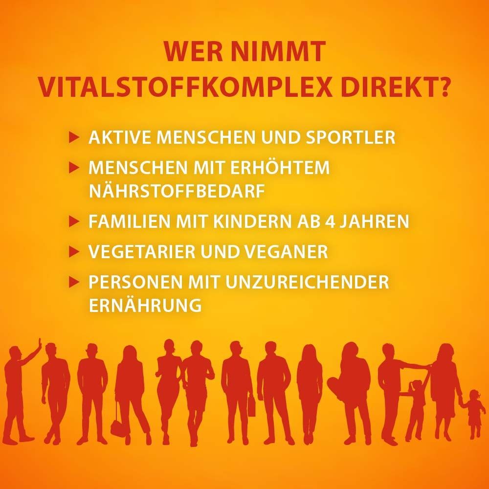 Orangefarbener Hintergrund. Text: WER NIMMT Vitalstoffkomplex direkt? Aufzählung von Zielgruppen.
