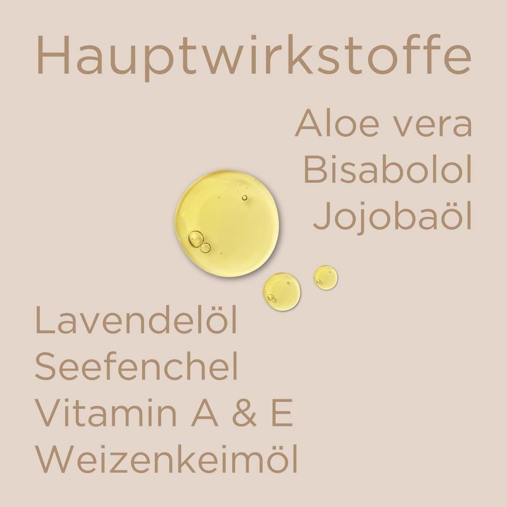 Hauptwirkstoffe: Aloe vera, Bisabolol, Jojobaöl, Lavendelöl, Seefenchel, Vitamin A & E, Weizenkeimöl. Öl-Tropfen.