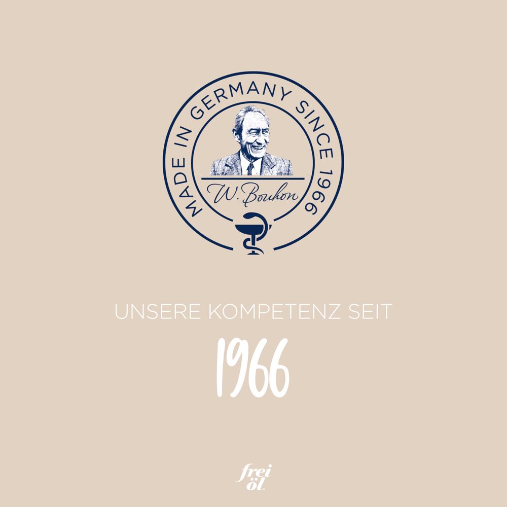 Siegel 'Made in Germany since 1966' mit Porträt von W. Bourban und frei öl® Logo.