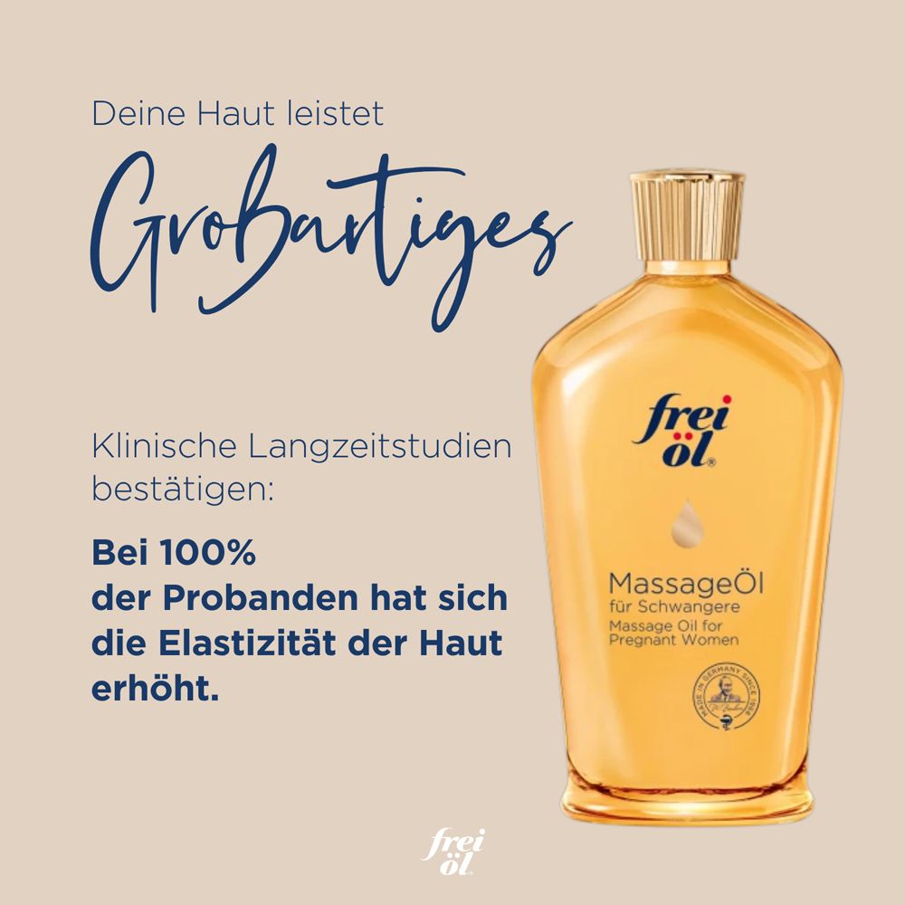 Flasche mit goldfarbenem Verschluss. Text: frei öl MassageÖl für Schwangere. Klinische Langzeitstudien bestätigen.