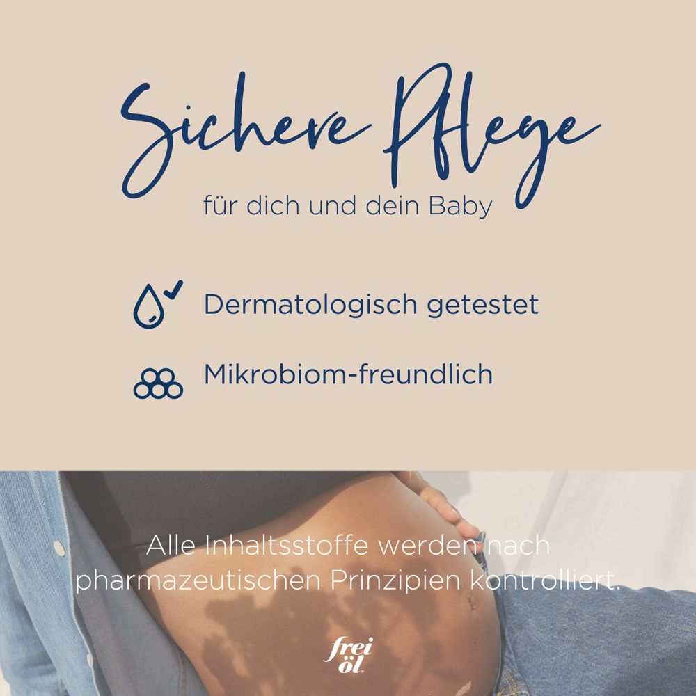 Text auf beigem Hintergrund. Dermatologisch getestet. Mikrobiom-freundlich. Bauch einer Schwangeren.