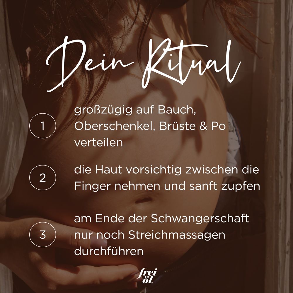 Text auf beigem Hintergrund. 3 Schritte zur Anwendung. Bauch einer Schwangeren. frei öl® Logo.