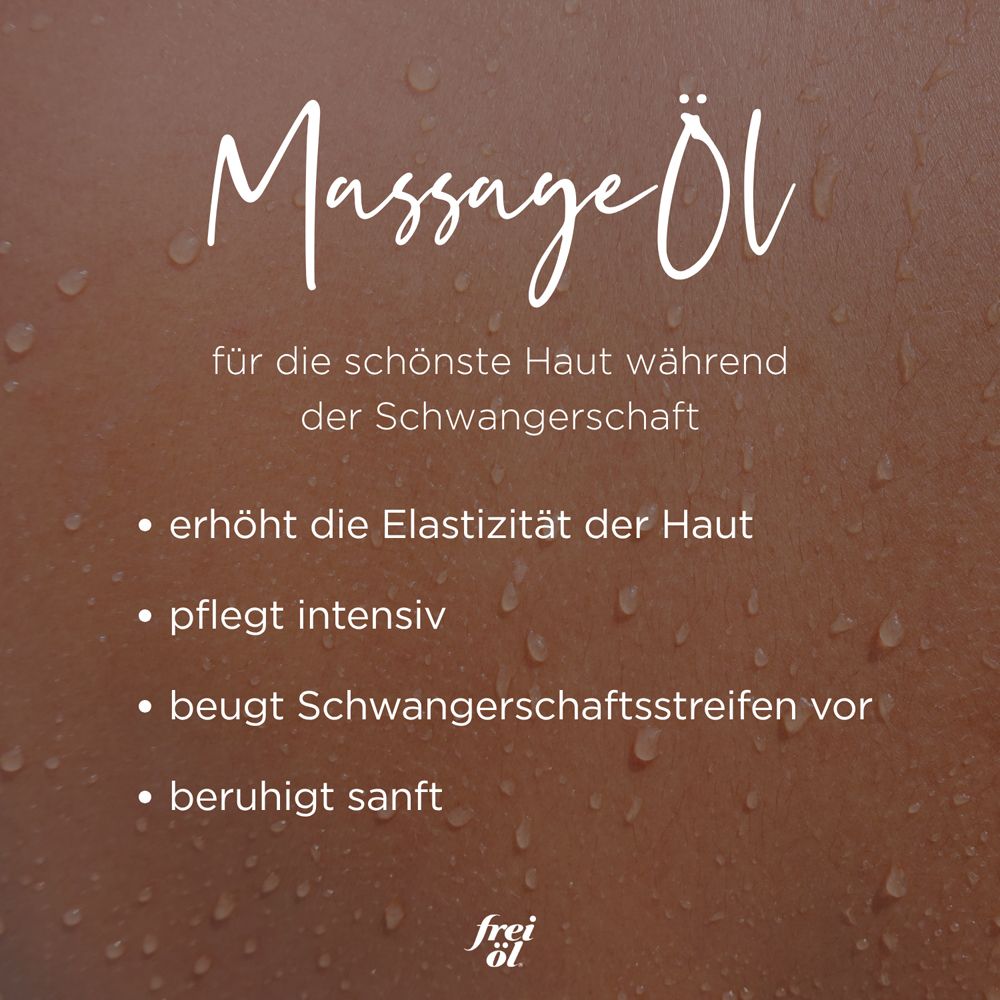 Text mit Vorteilen des Massageöls. Erhöht Elastizität, pflegt, beugt Schwangerschaftsstreifen vor, beruhigt.