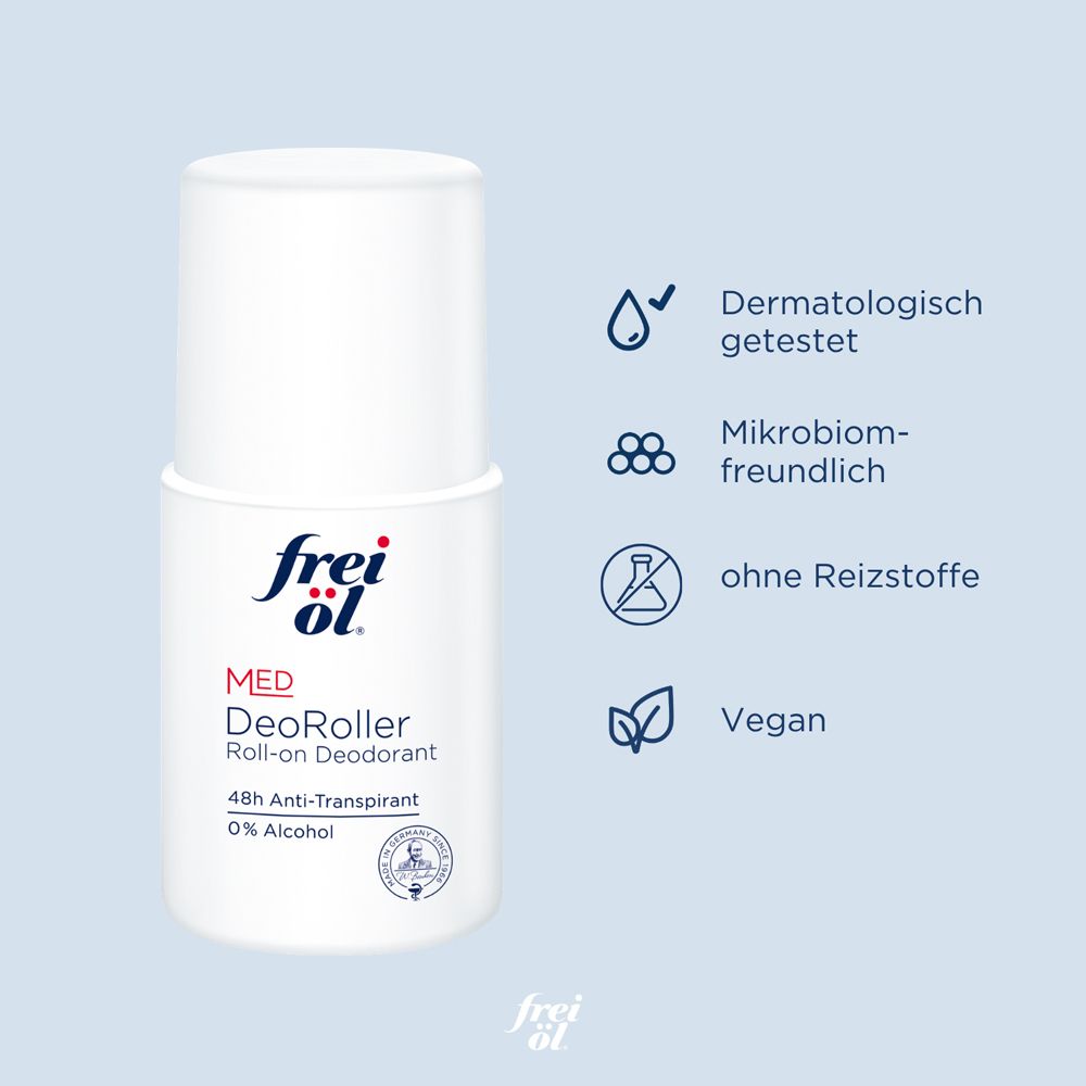 Roll-on-Deo. Text: Dermatologisch getestet, Mikrobiom-freundlich, ohne Reizstoffe, Vegan. Hintergrund: hellblau.