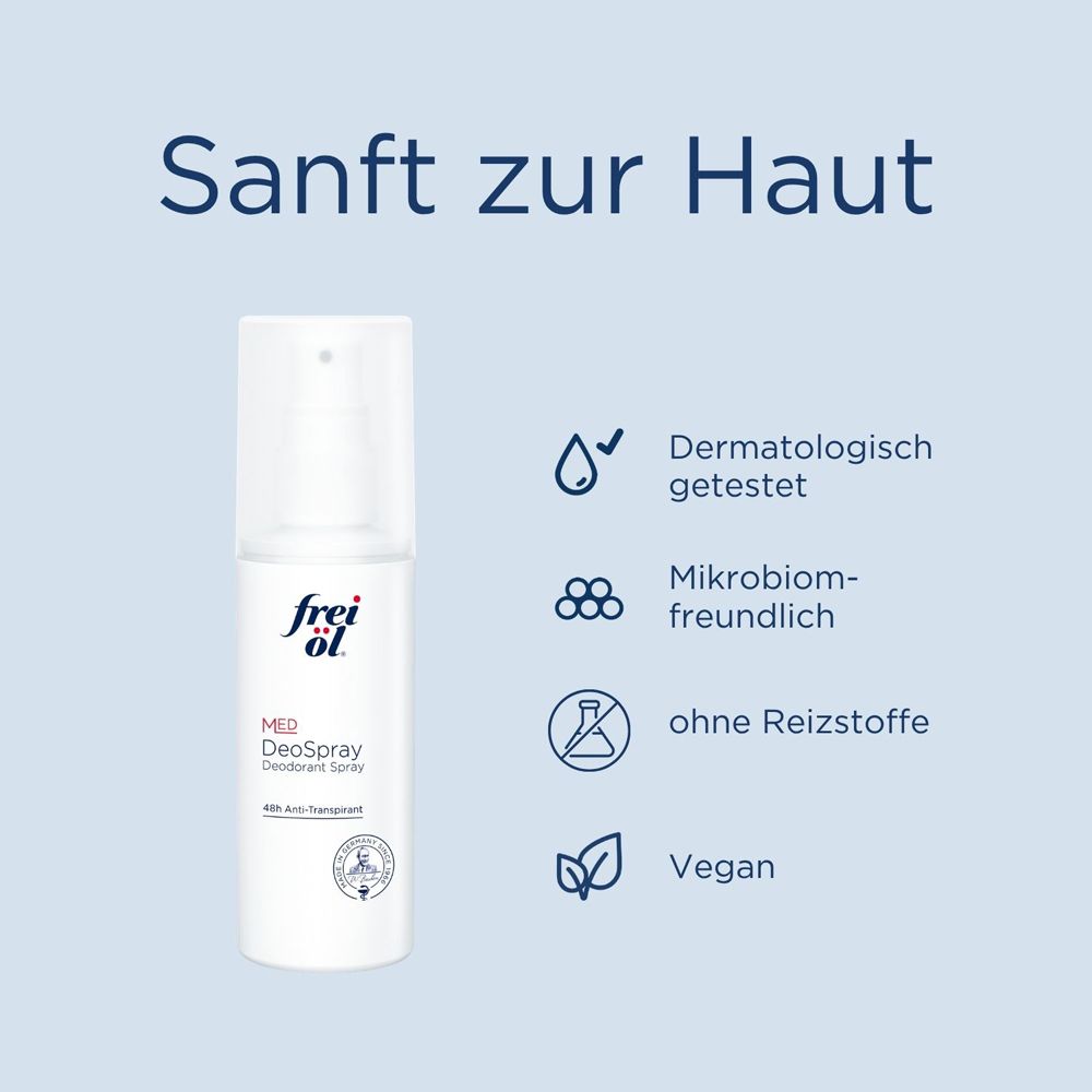 Frei Öl MED DeoSpray: Dermatologisch getestet, mikrobiomfreundlich, ohne Reizstoffe, vegan.