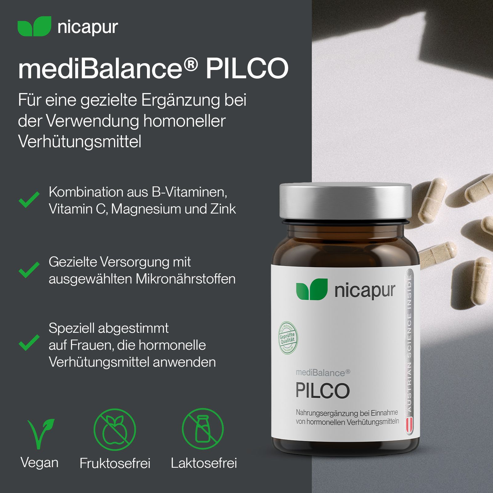 N কাপur mediBalance PILCO Nahrungsergänzungsmittel in Braunglasflasche mit silbernem Deckel. Kapseln liegen daneben.