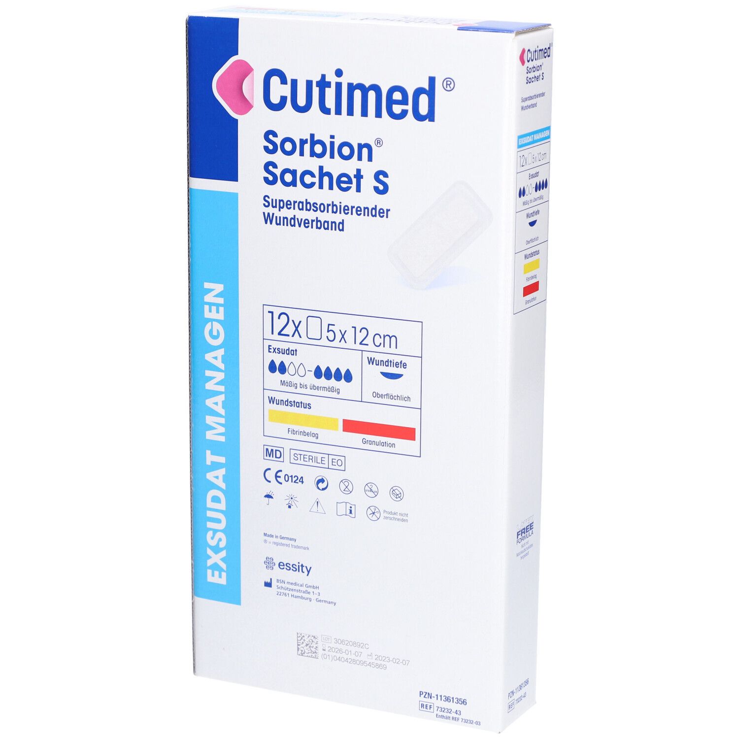 Verpackung von Cutimed Sorbion Sachet S, 12 Stück, 5x12 cm. Superabsorbierender Wundverband.
