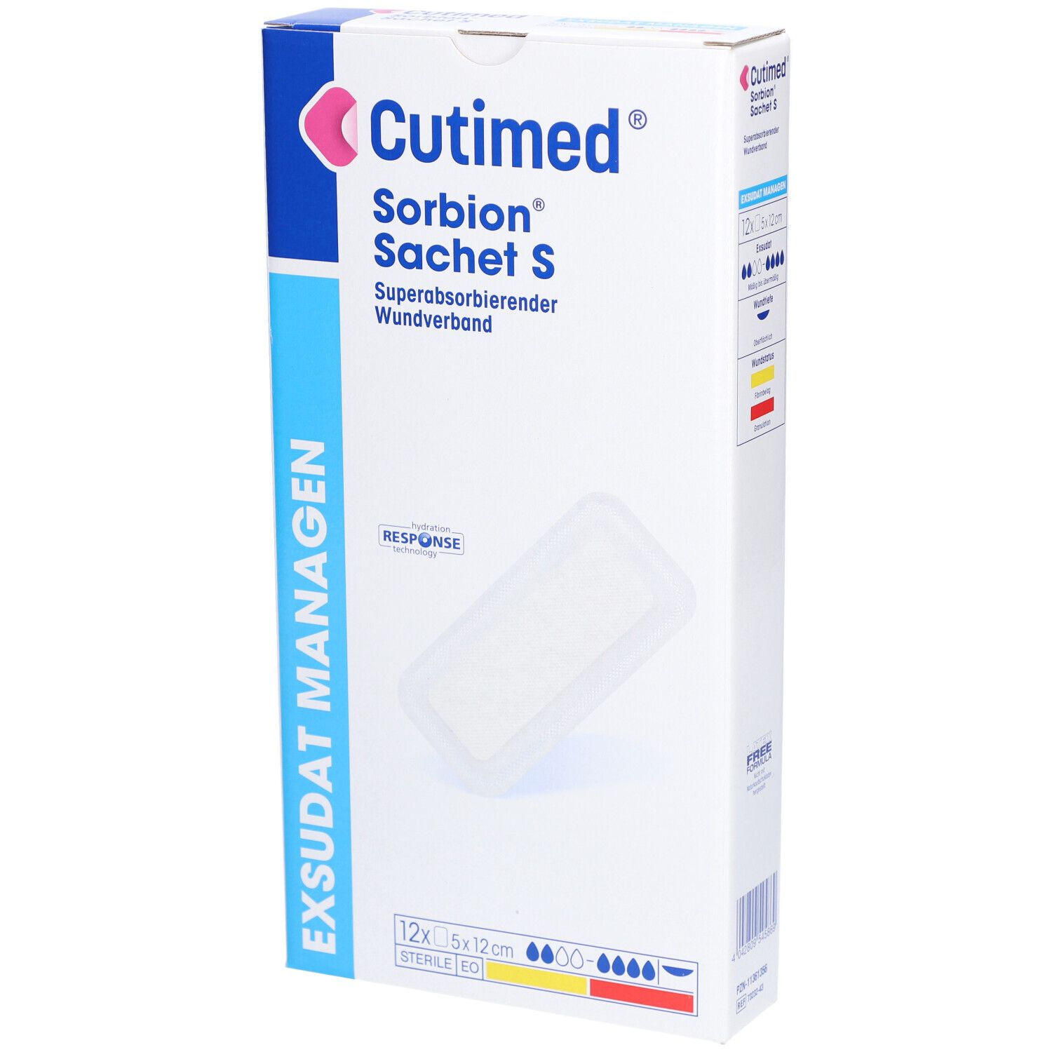 Cutimed Sorbion Sachet S Verpackung, 12 Stück, 5x12 cm. Superabsorbierender Wundverband. Response-Logo.
