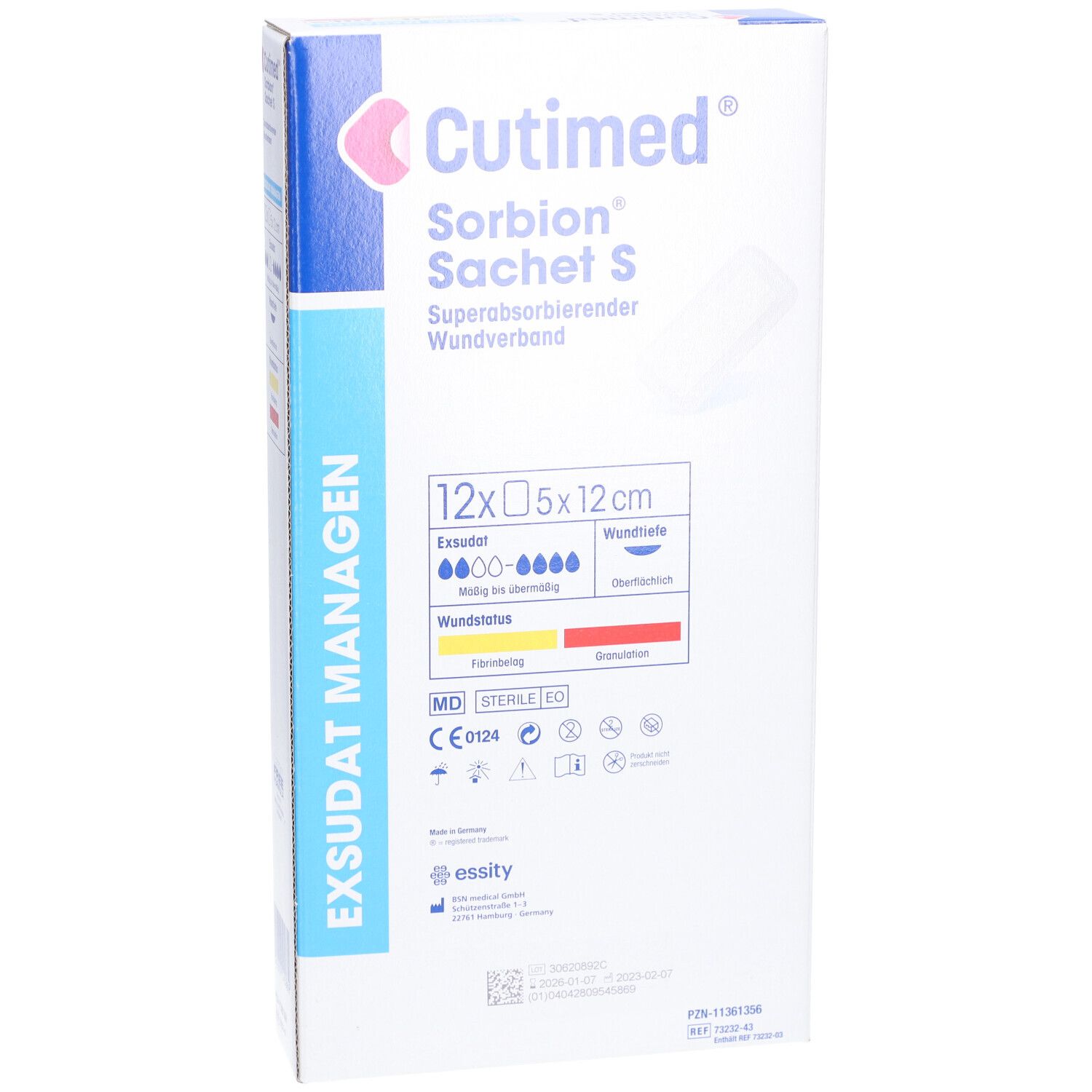 Cutimed Sorbion Sachet S Verpackung, 12 Stück, 5x12 cm. Superabsorbierender Wundverband. Detailansicht.
