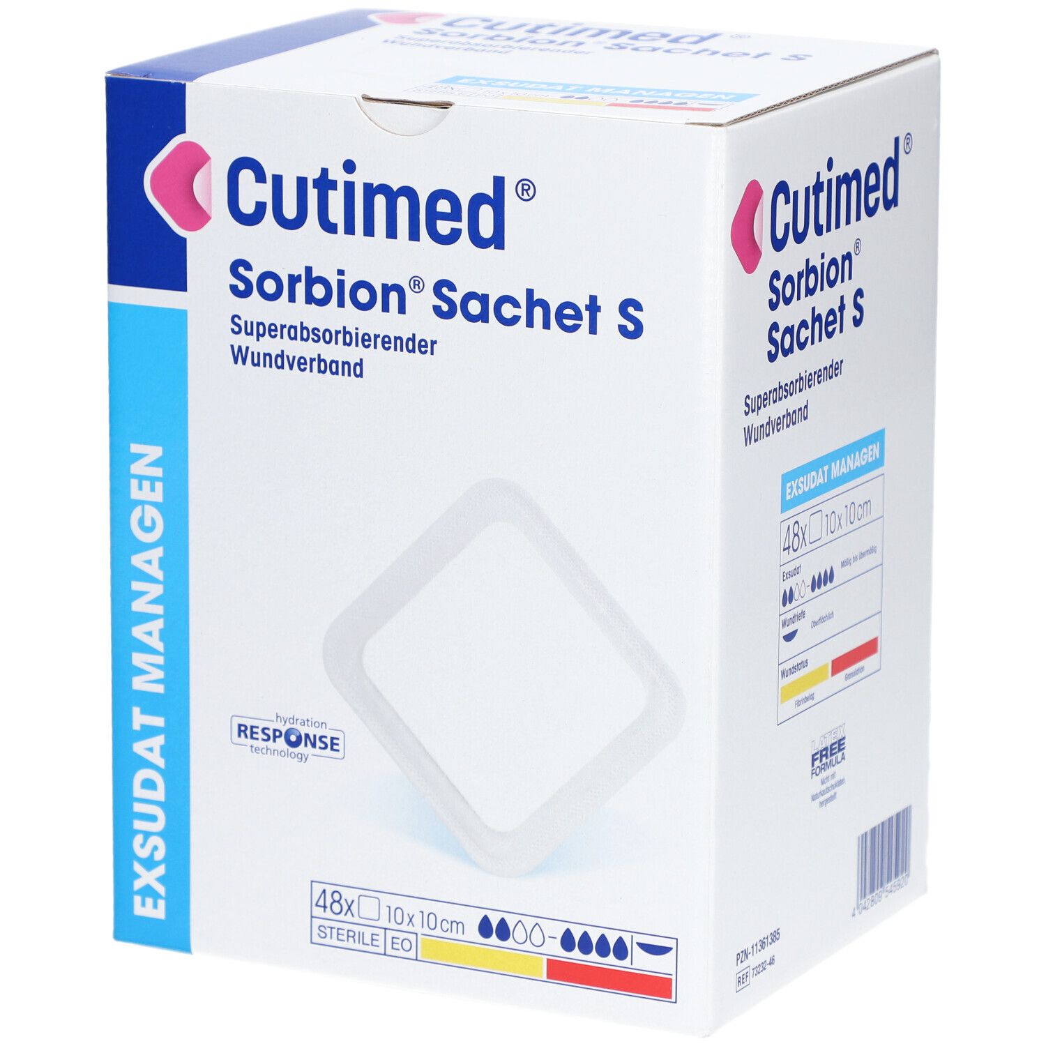 Karton mit Cutimed Sorbion Sachet S. Enthält 48 Verbände, 10x10cm. Aufdrucke: Exsudat Management, sterile EO.