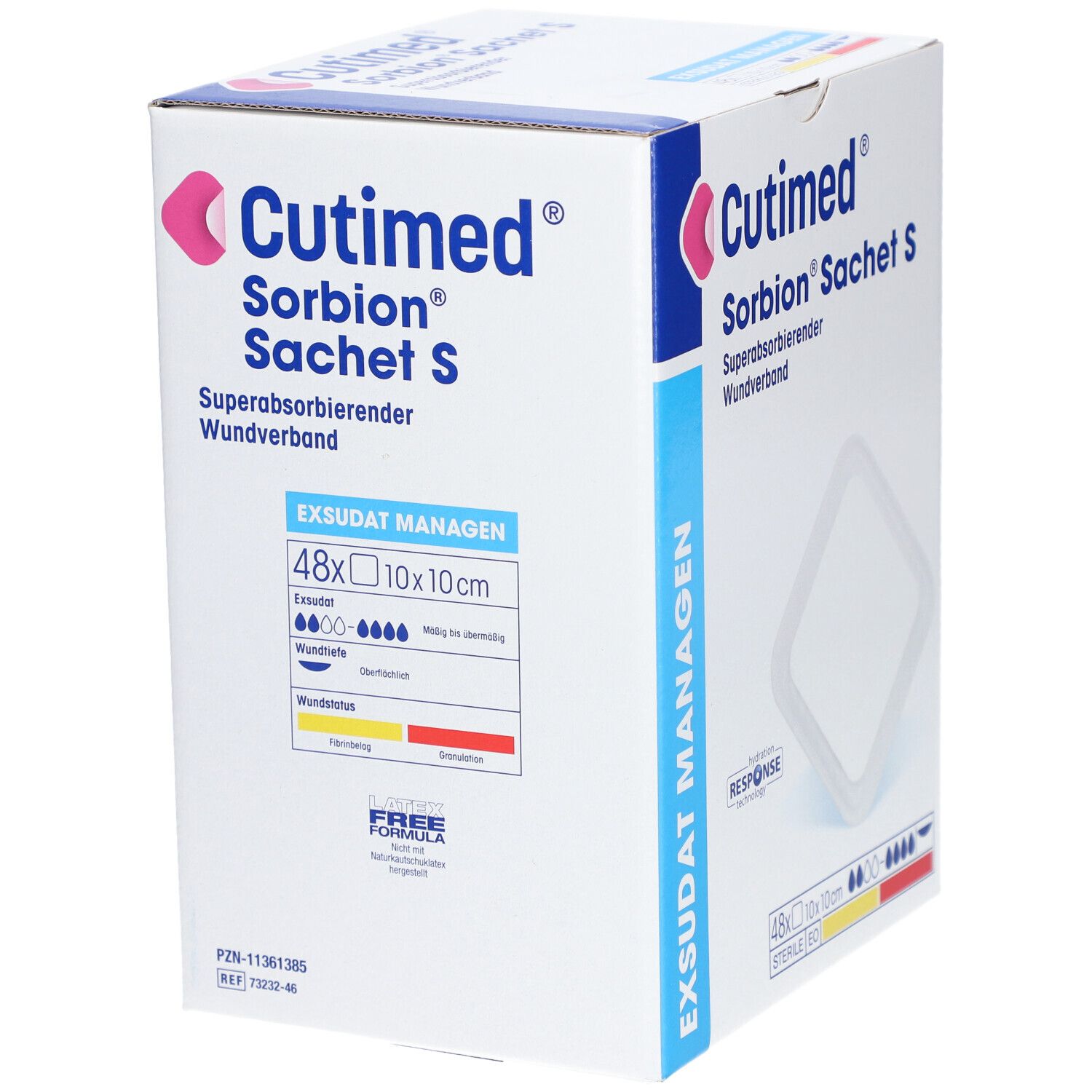Karton Cutimed Sorbion Sachet S. Enthält 48 Verbände, 10x10cm. Aufdrucke: Exsudat Management, sterile EO.