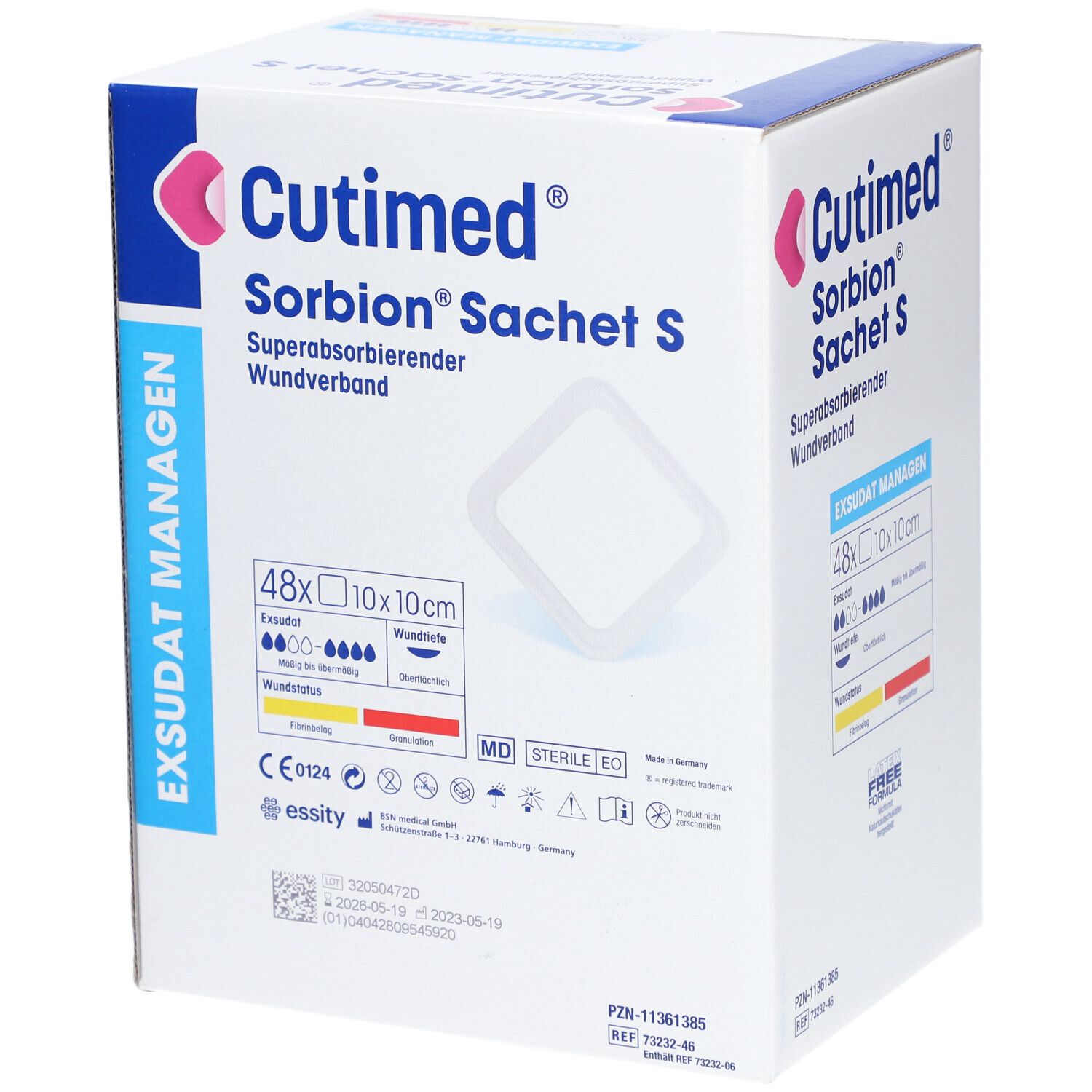 Karton Cutimed Sorbion Sachet S. Enthält 48 Verbände, 10x10cm. Aufdrucke: Exsudat Management, sterile EO, CE-Kennzeichnung.