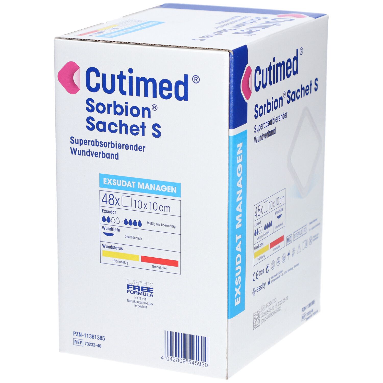 Karton Cutimed Sorbion Sachet S. Enthält 48 Verbände, 10x10cm. Aufdrucke: Exsudat Management, sterile EO.