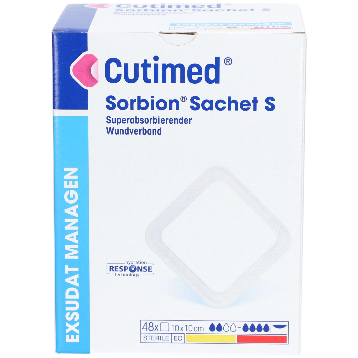 Karton Cutimed Sorbion Sachet S. Enthält 48 Verbände, 10x10cm. Aufdrucke: Exsudat Management, sterile EO.