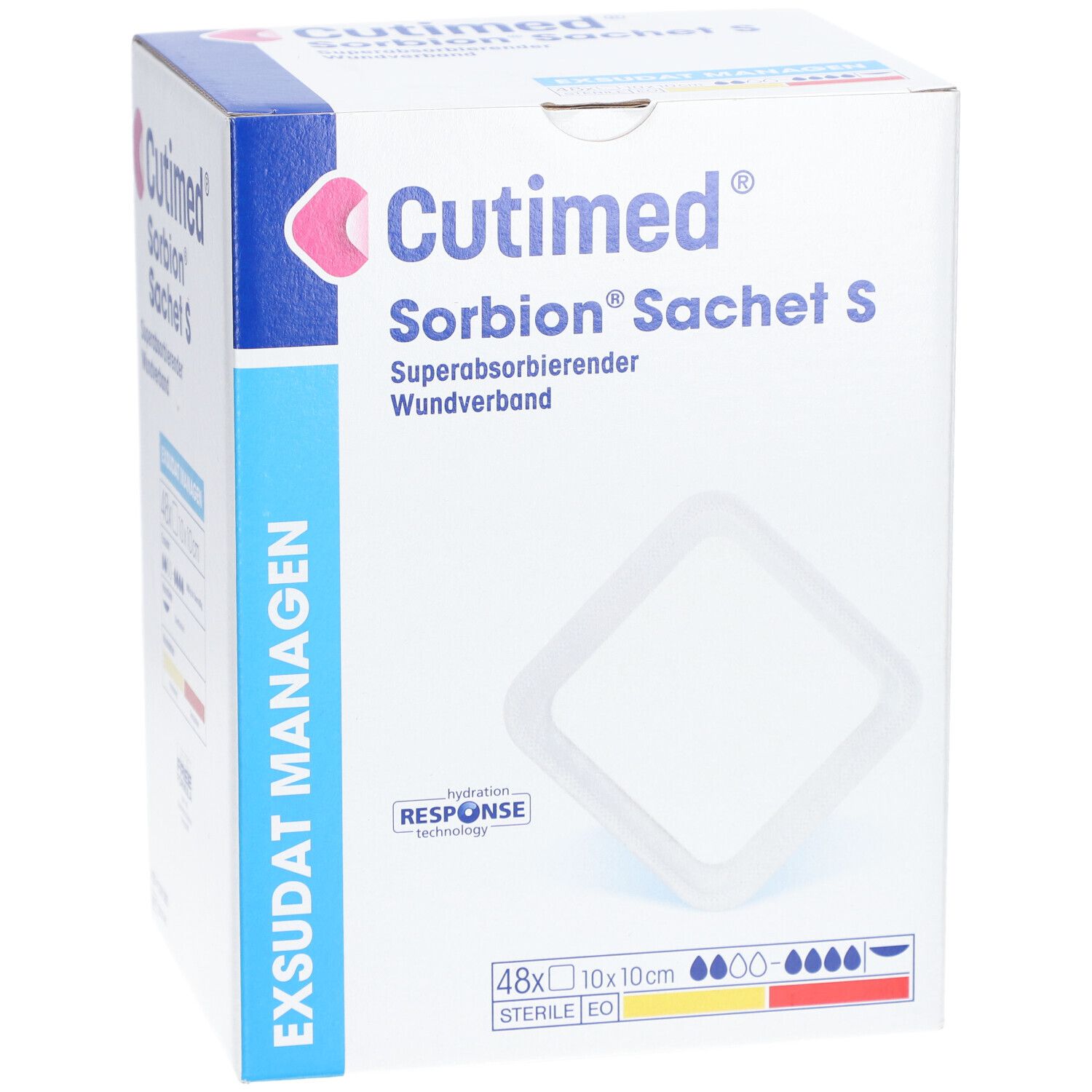 Karton Cutimed Sorbion Sachet S. Enthält 48 Verbände, 10x10cm. Aufdrucke: Exsudat Management, sterile EO.