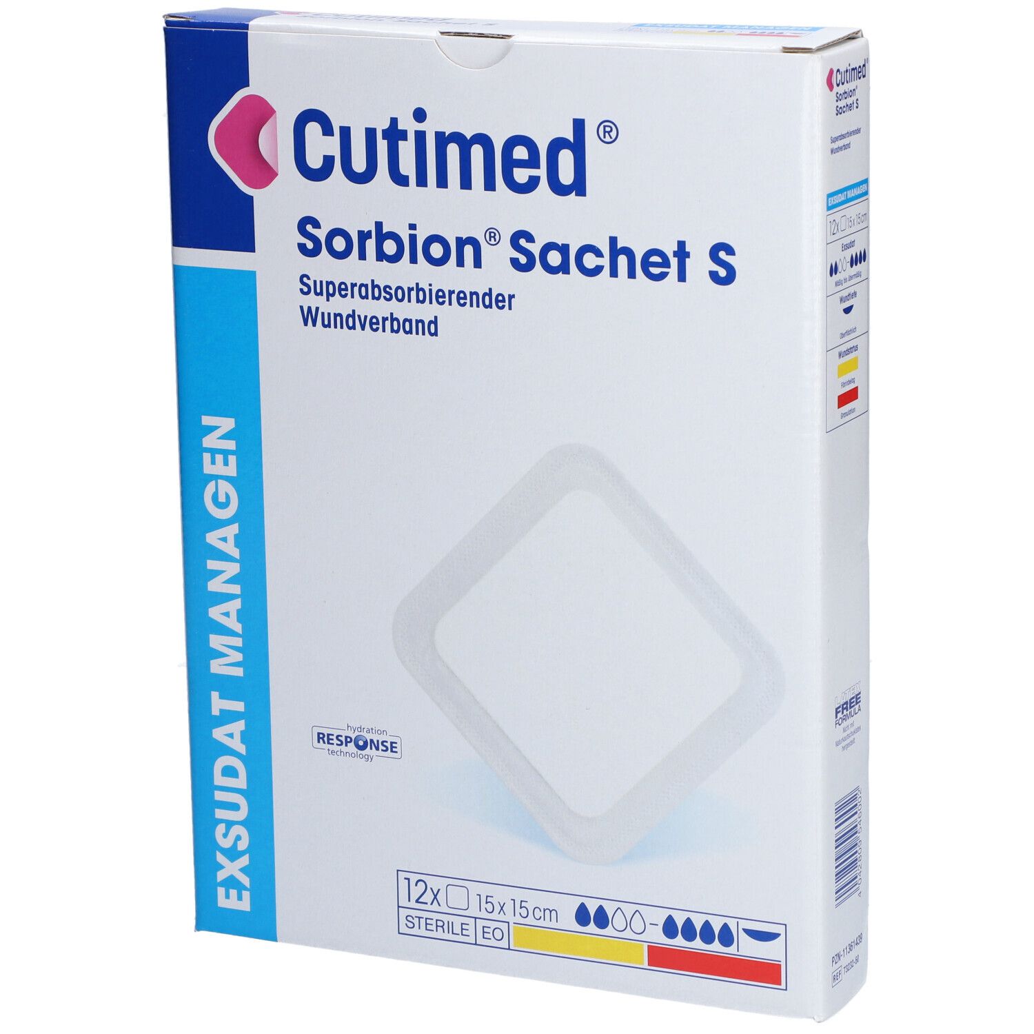 Verpackung von Cutimed Sorbion Sachet S. 12 Stück, 15x15cm. Superabsorbierender Wundverband. Sterile EO.