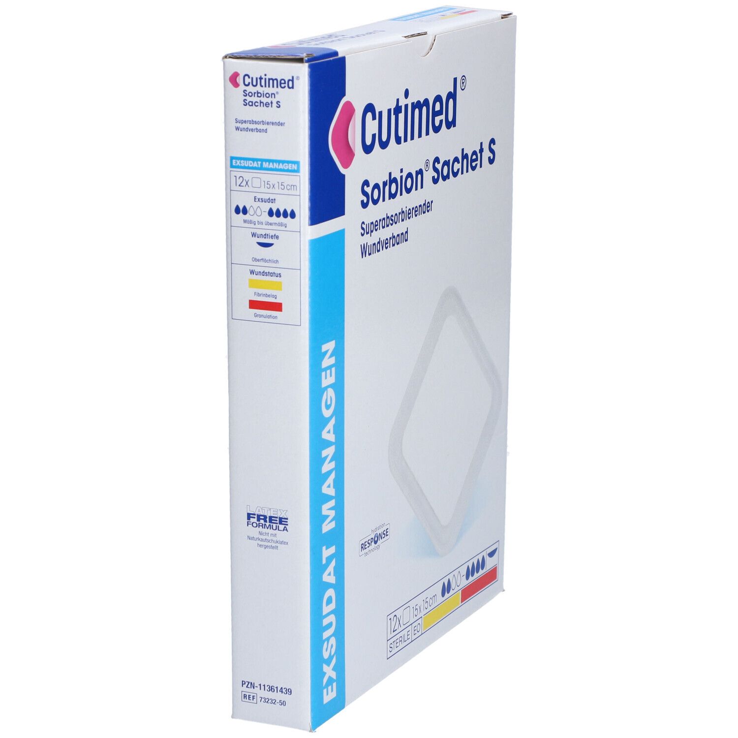 Cutimed Sorbion Sachet S Verpackung, Seitenansicht. 12 Stück, 15x15cm. Superabsorbierender Wundverband. Sterile EO.
