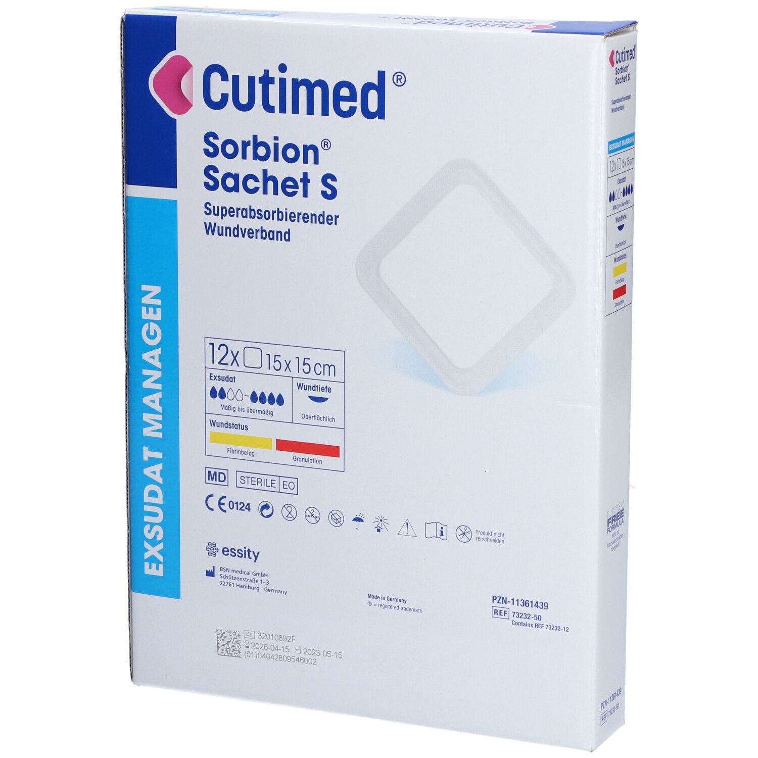 Cutimed Sorbion Sachet S Verpackung. 12 Stück, 15x15cm. Superabsorbierender Wundverband. Sterile EO. CE-Kennzeichnung.