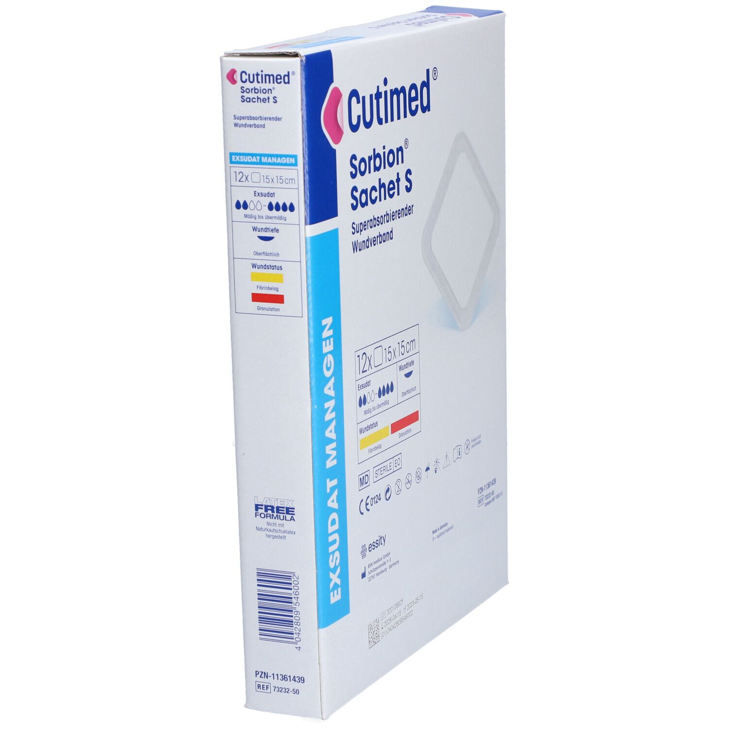 Cutimed Sorbion Sachet S Verpackung, Seitenansicht. 12 Stück, 15x15cm. Superabsorbierender Wundverband. Sterile EO.