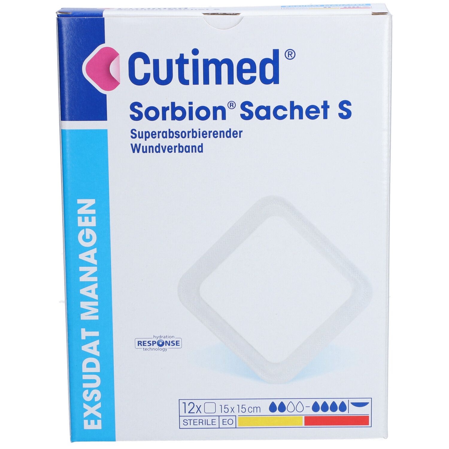 Cutimed Sorbion Sachet S Verpackung. 12 Stück, 15x15cm. Superabsorbierender Wundverband. Sterile EO.