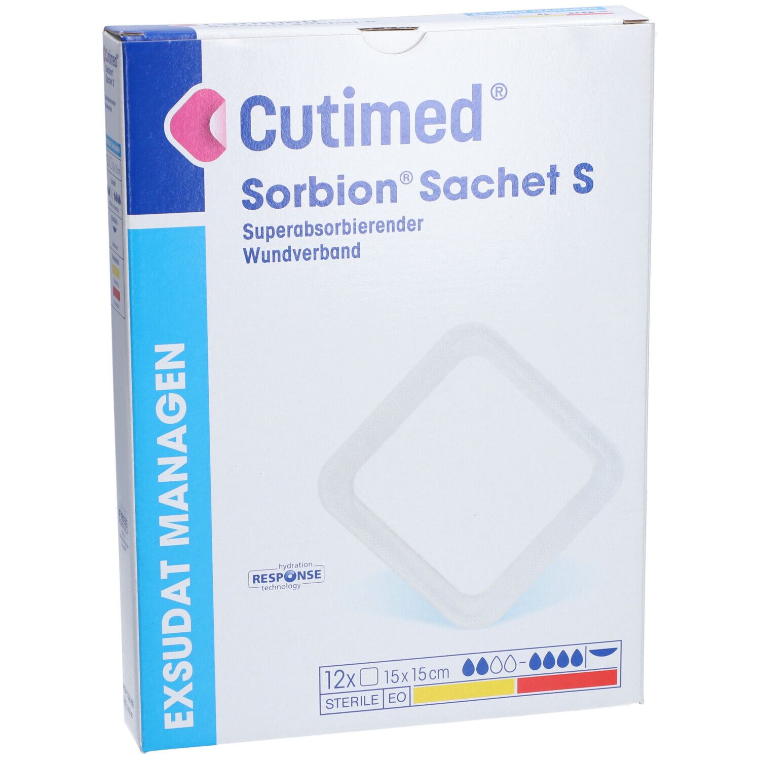 Cutimed Sorbion Sachet S Verpackung. 12 Stück, 15x15cm. Superabsorbierender Wundverband. Sterile EO.