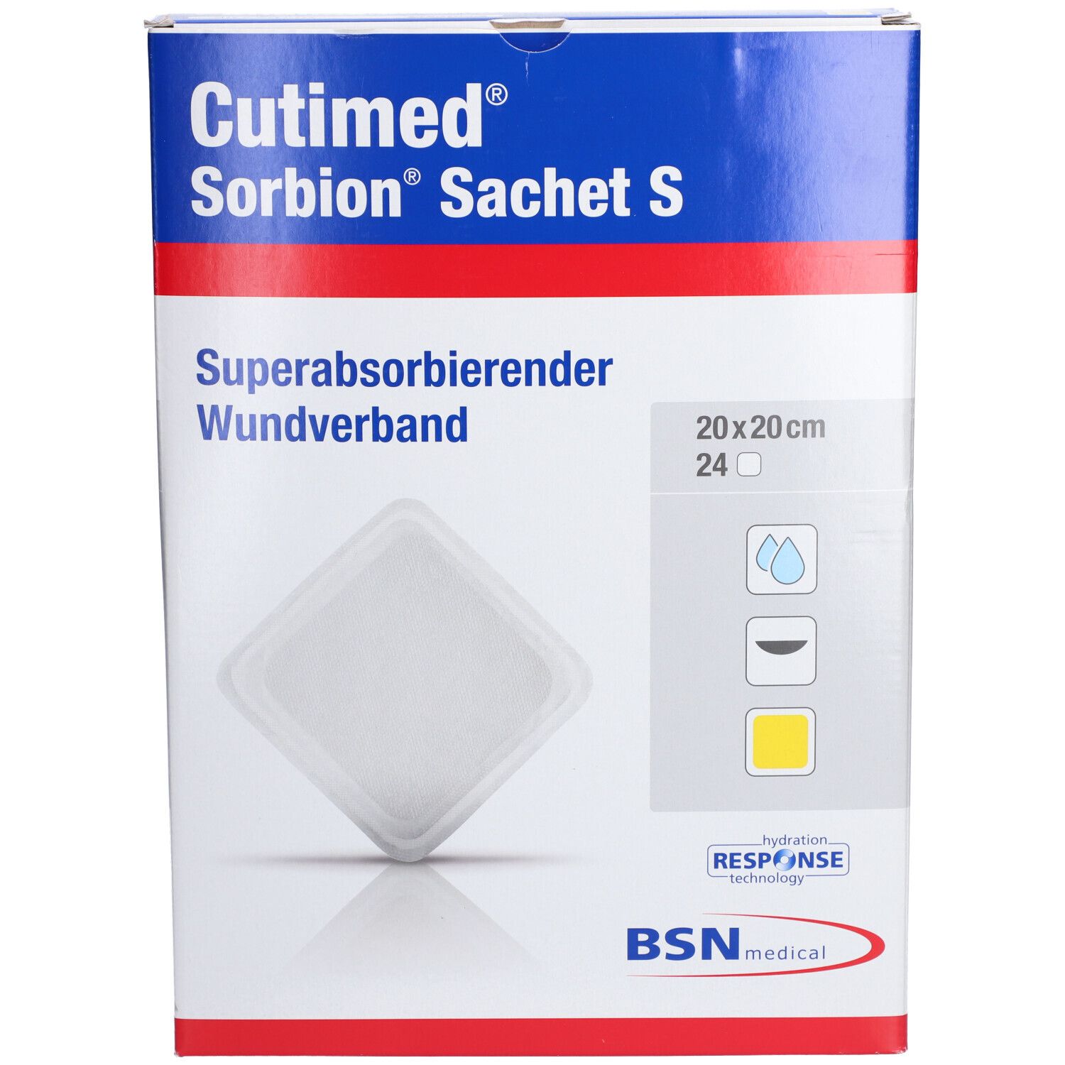 Verpackung mit Cutimed Sorbion Sachet S. Quadratische Wundauflage, 20x20 cm. Superabsorbierend. BSN medical Logo.
