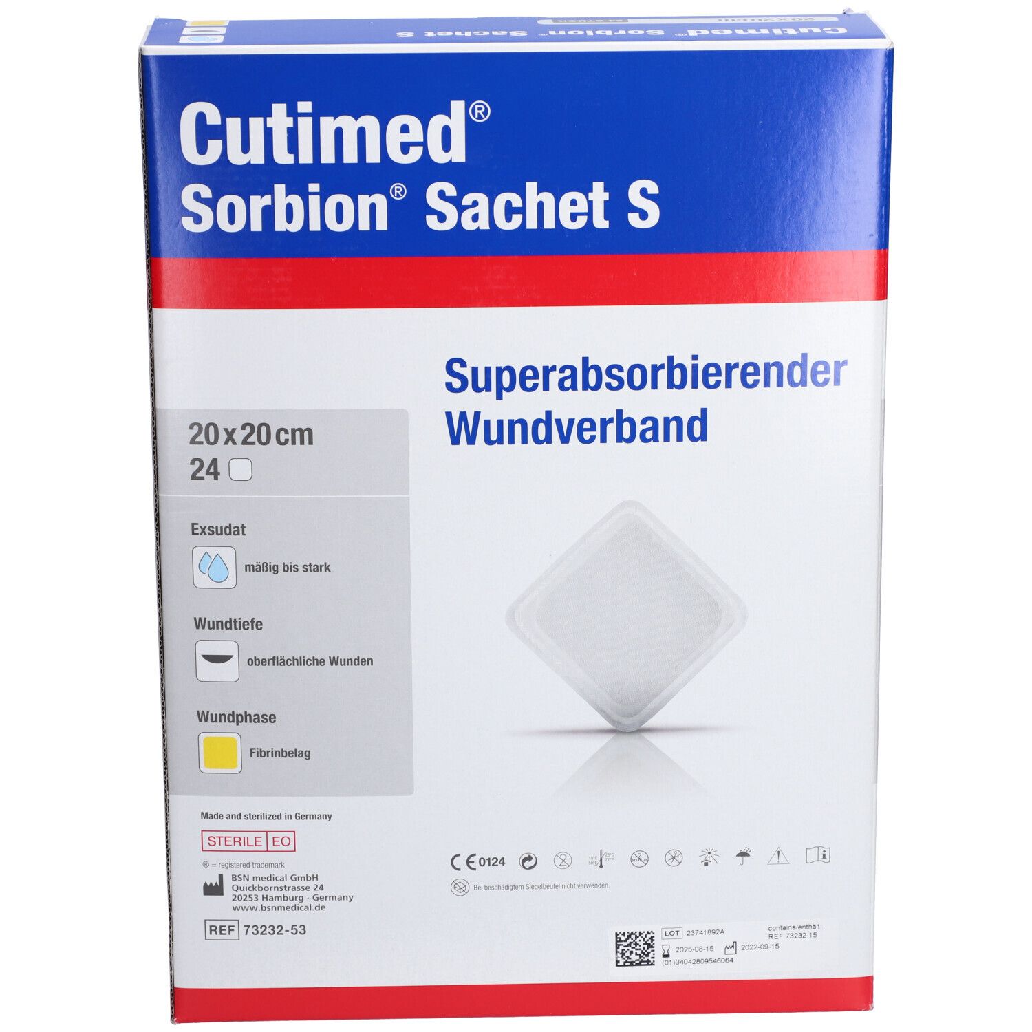 Verpackung Cutimed Sorbion Sachet S. Quadratische Wundauflage, 20x20 cm. Superabsorbierend. Sterile Verpackung.