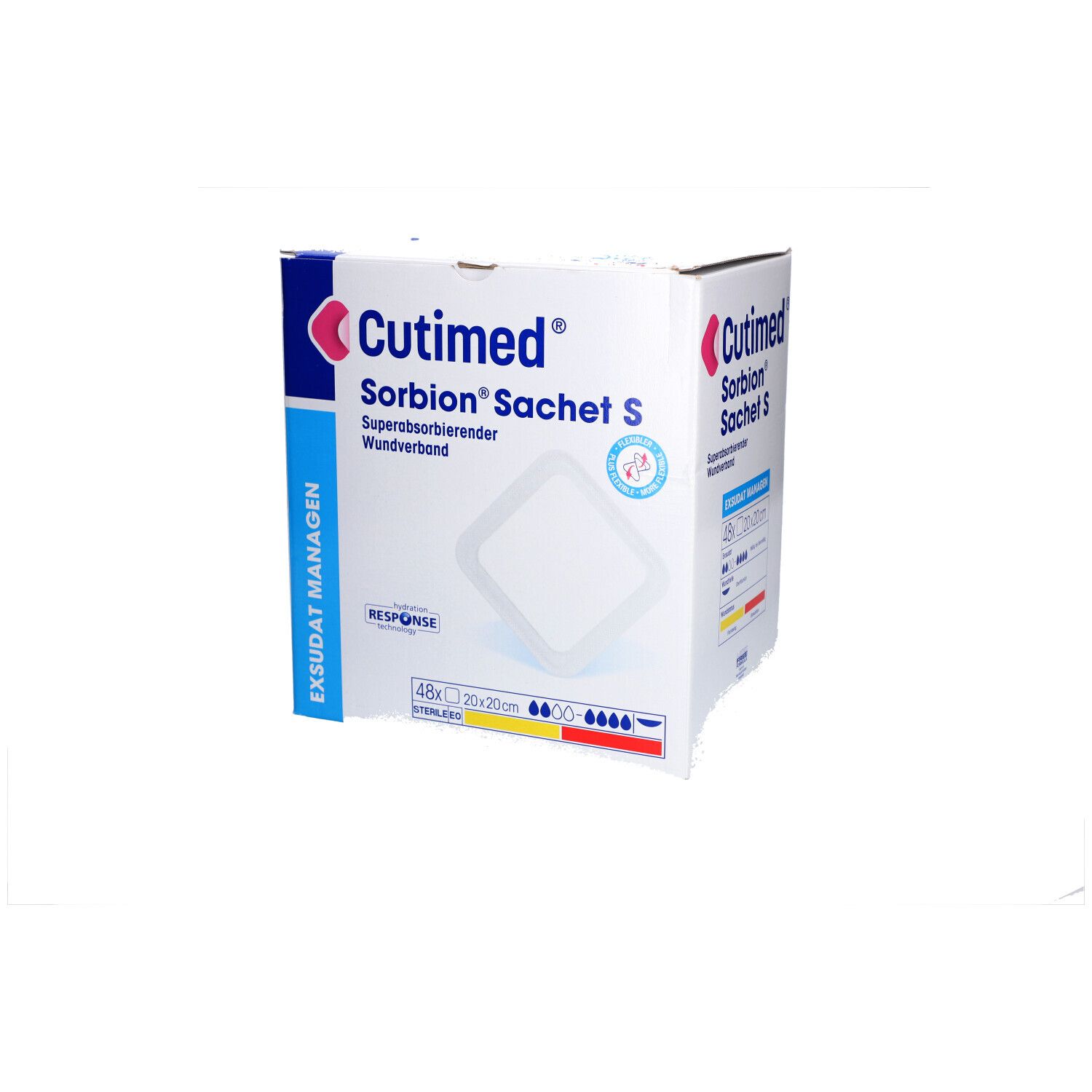 Karton mit Cutimed Sorbion Sachet S. Aufdrucke: Produktname, Logo, Größenangabe 20x20cm, sterile Wundauflage.