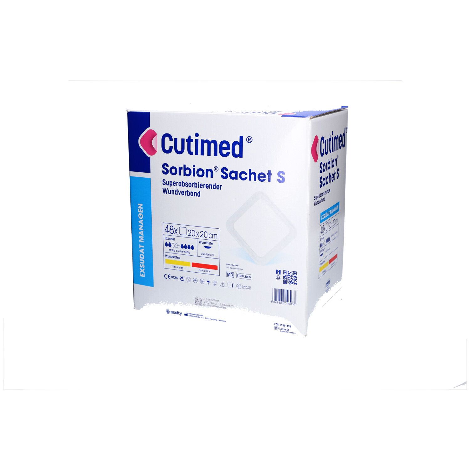 Karton Cutimed Sorbion Sachet S. Aufdrucke: Produktname, Logo, Größenangabe 20x20cm, sterile Wundauflage.