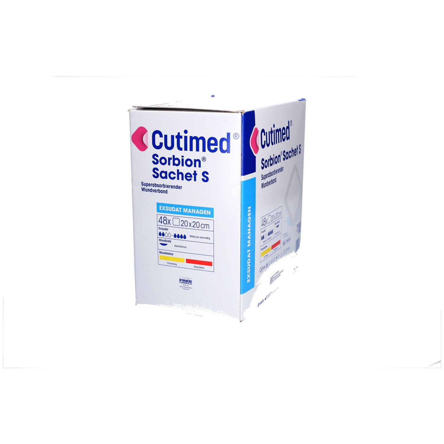 Karton Cutimed Sorbion Sachet S. Aufdrucke: Produktname, Logo, Größenangabe 20x20cm, sterile Wundauflage.