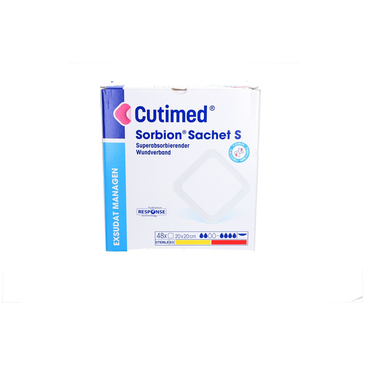Karton Cutimed Sorbion Sachet S. Aufdrucke: Produktname, Logo, Größenangabe 20x20cm, sterile Wundauflage.
