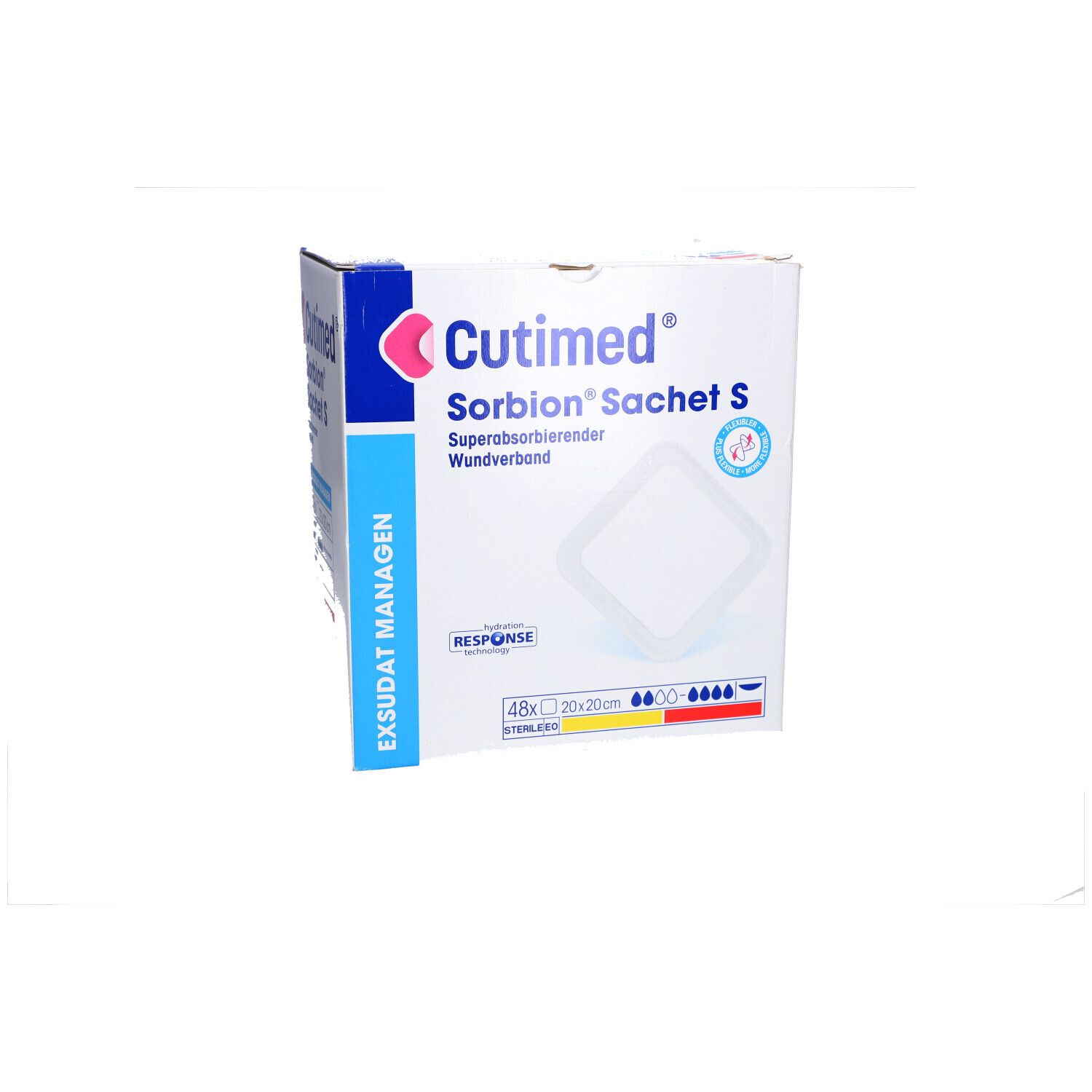 Karton Cutimed Sorbion Sachet S. Aufdrucke: Produktname, Logo, Größenangabe 20x20cm, sterile Wundauflage.