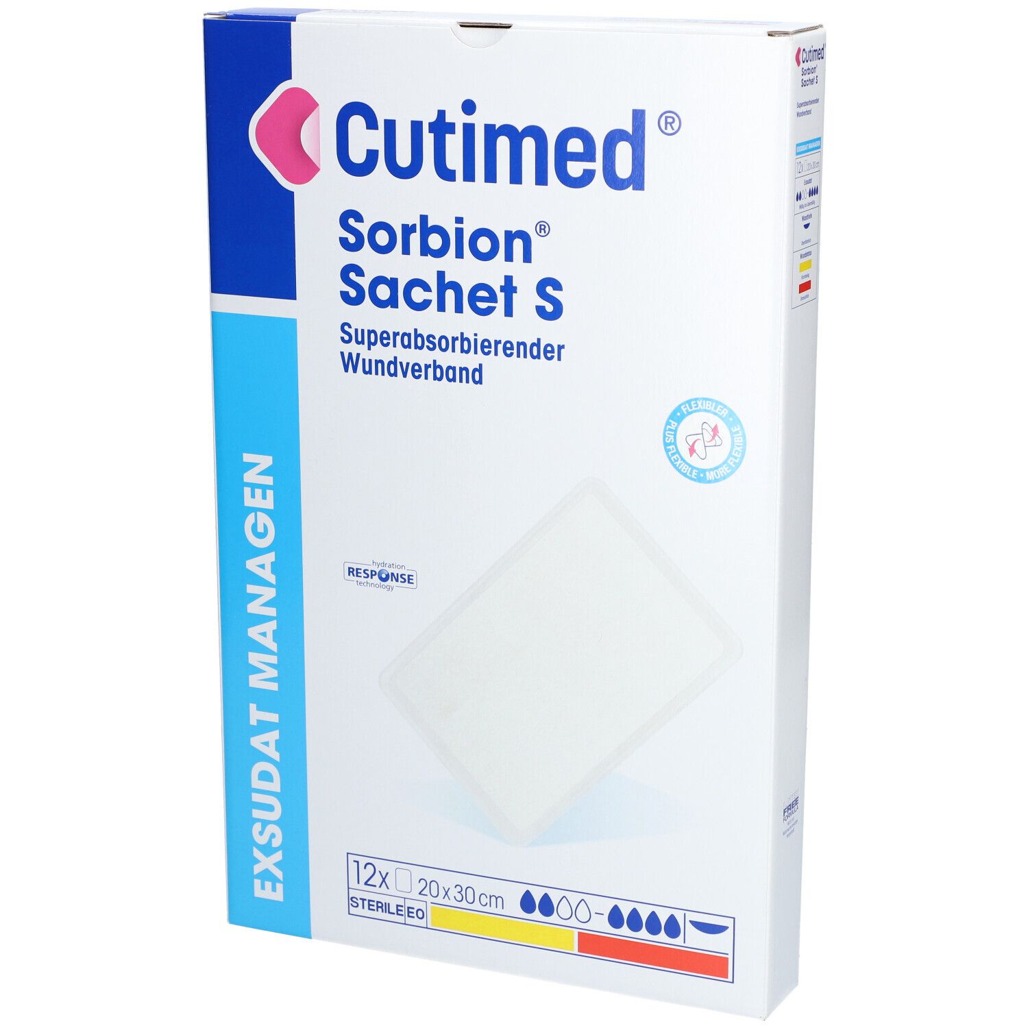 Verpackung von Cutimed Sorbion Sachet S Wundauflage. Aufschrift: Superabsorbierender Wundverband. 12 Stück, 20x30 cm. Steril.