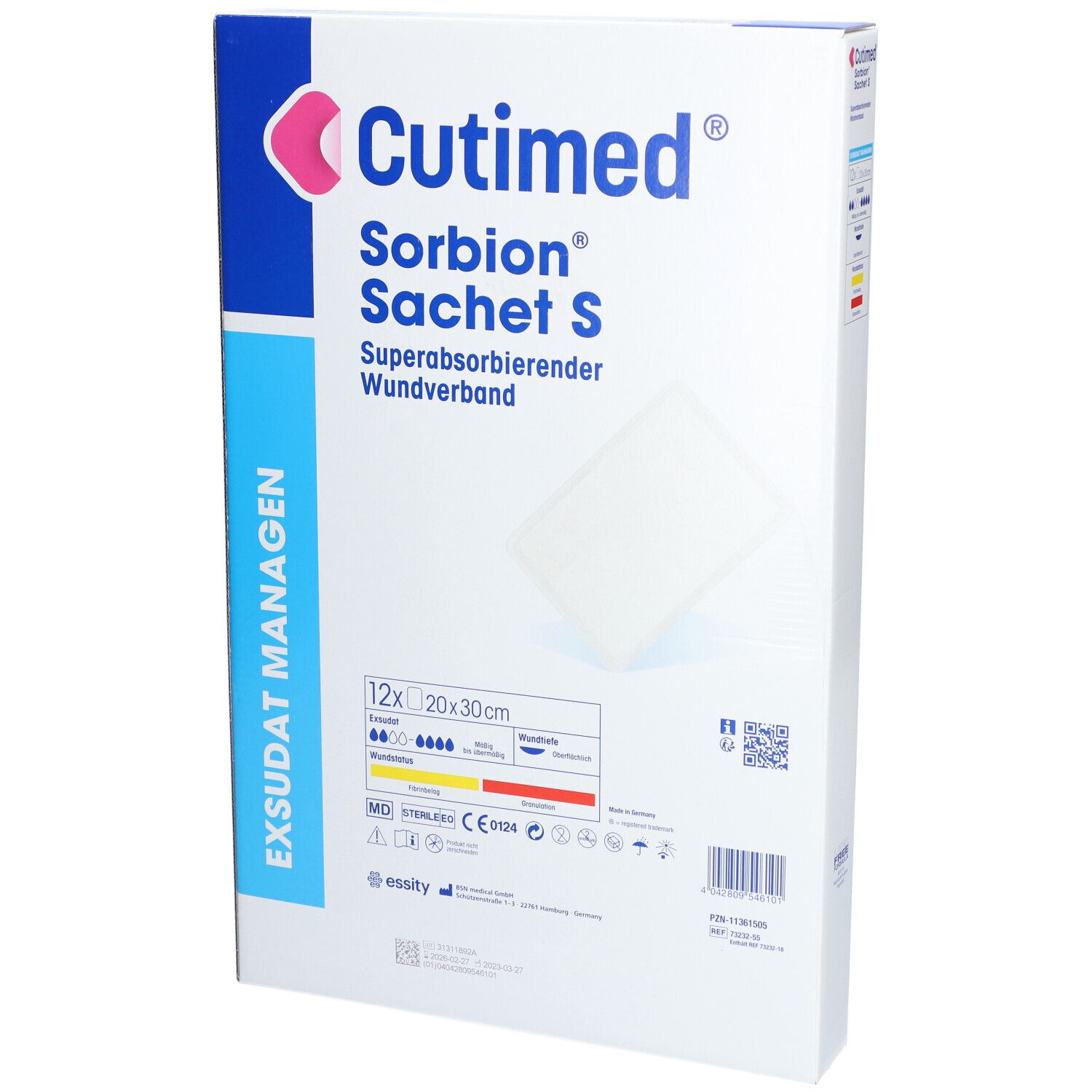 Verpackung von Cutimed Sorbion Sachet S Wundauflage. Aufschrift: Superabsorbierender Wundverband. 12 Stück, 20x30 cm. Steril.