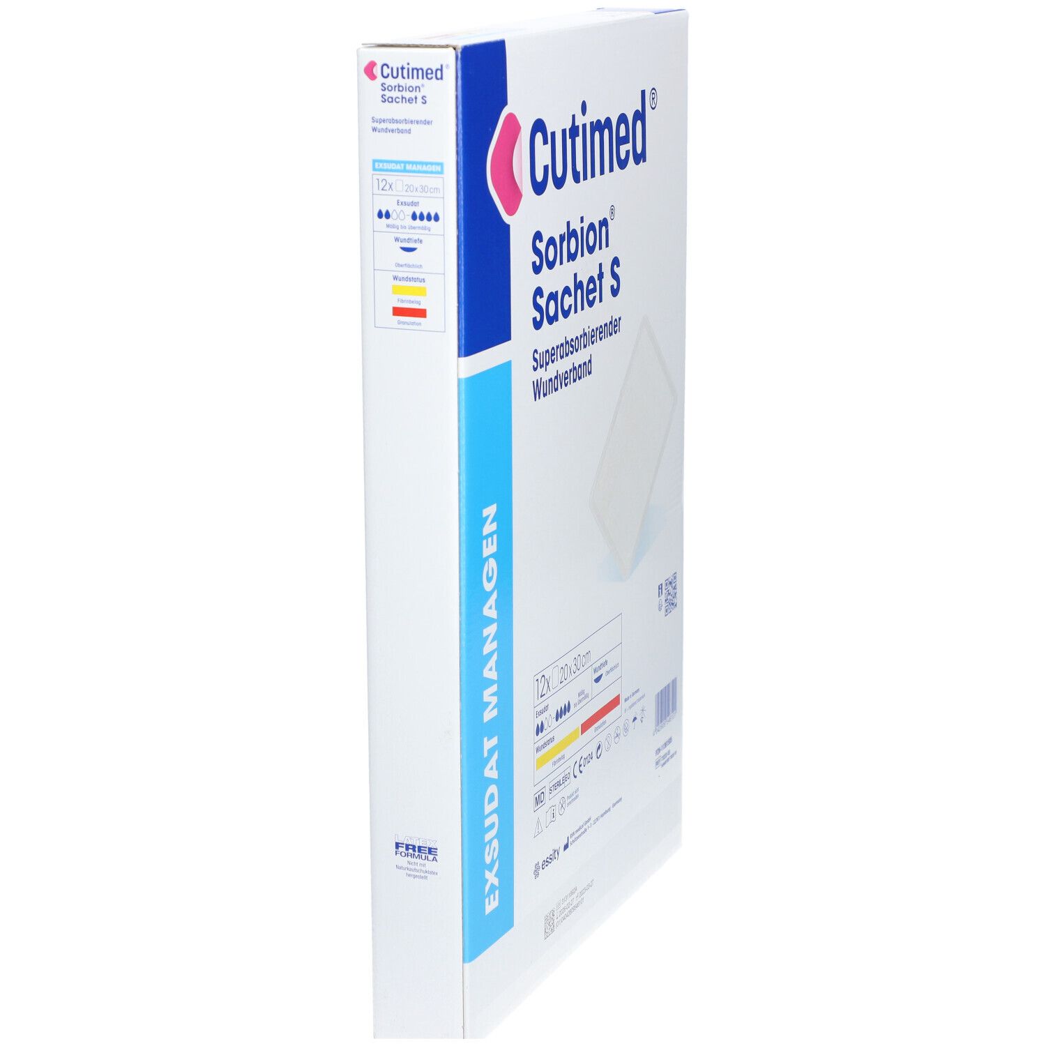 Seitenansicht der Verpackung von Cutimed Sorbion Sachet S. Aufschrift: Superabsorbierender Wundverband. 12 Stück, 20x30 cm. Steril.