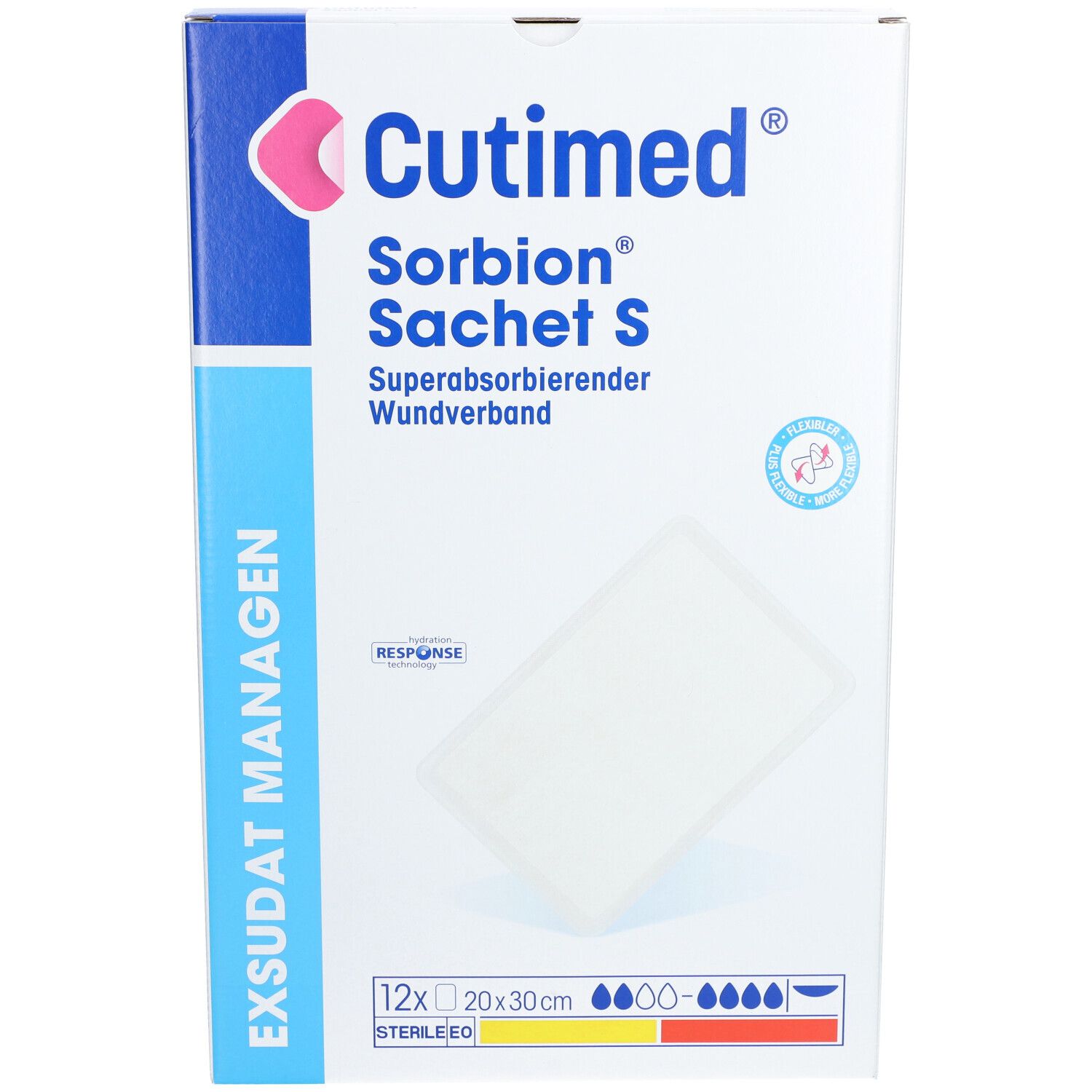 Verpackung von Cutimed Sorbion Sachet S Wundauflage. Aufschrift: Superabsorbierender Wundverband. 12 Stück, 20x30 cm. Steril.