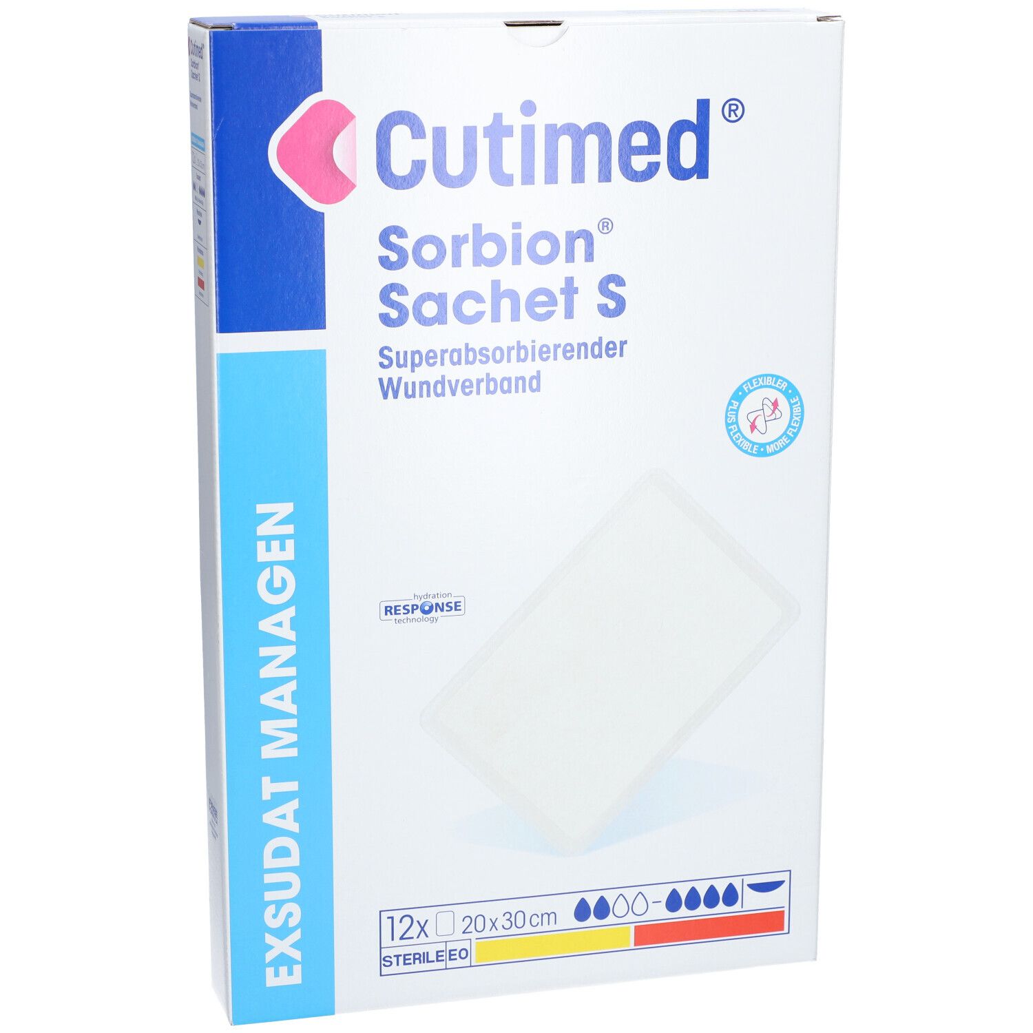 Verpackung von Cutimed Sorbion Sachet S Wundauflage. Aufschrift: Superabsorbierender Wundverband. 12 Stück, 20x30 cm. Steril.
