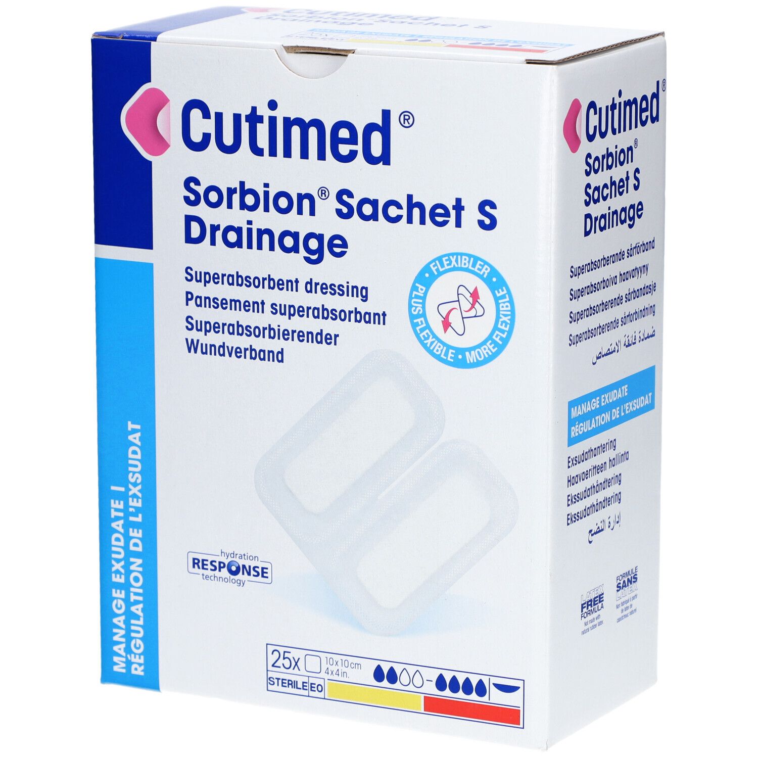 Karton Cutimed Sorbion Sachet S Drainage. Enthält 25 Verbände. Aufschrift: Superabsorbierender Verband.