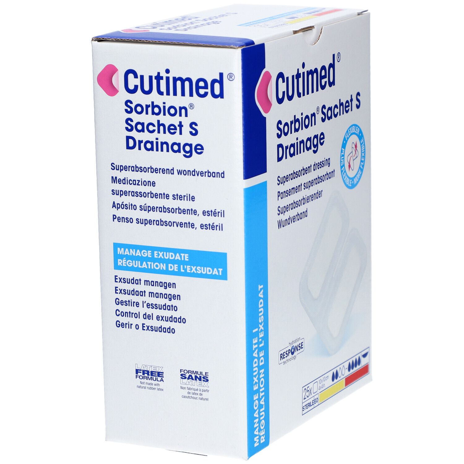 Karton Cutimed Sorbion Sachet S Drainage. Enthält 25 Verbände. Aufschrift: Superabsorbierender Verband.